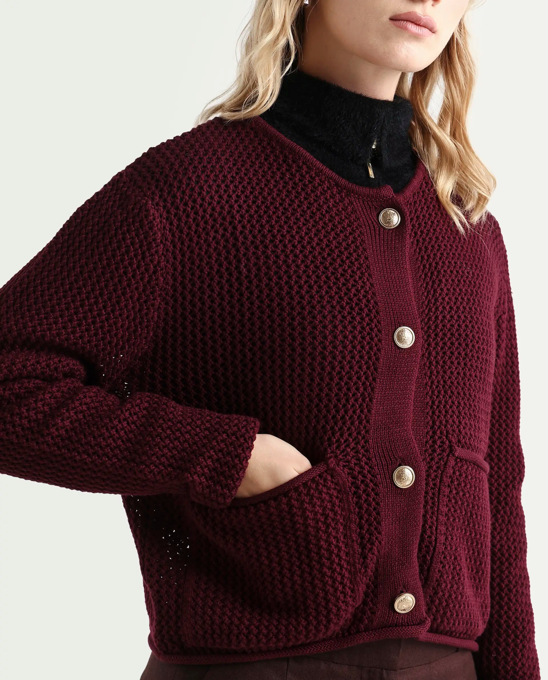 Rareism Women's Chetza Dark Maroon Cotton Crew Neck Relaxed Fit Cardigan