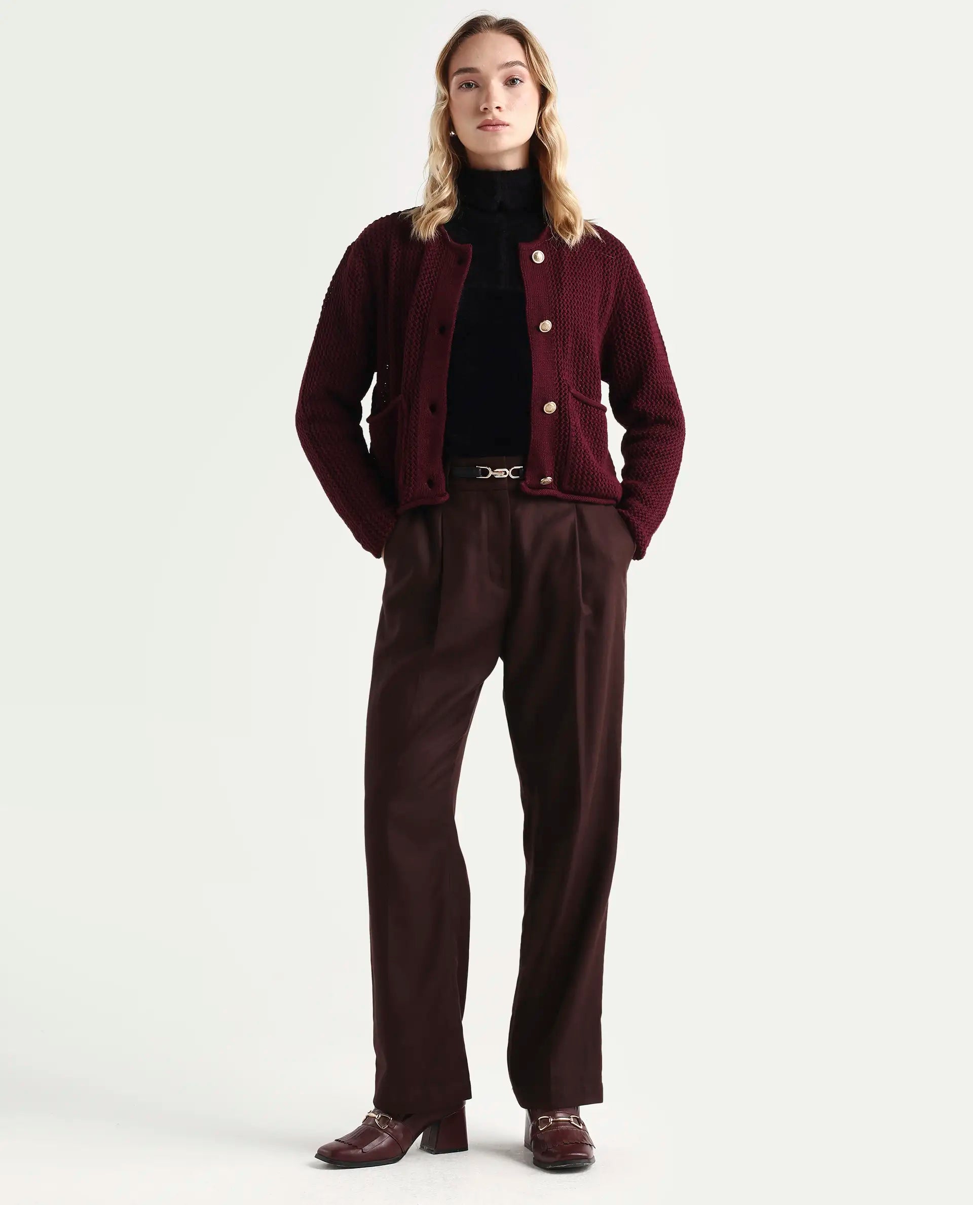 Rareism Women's Chetza Dark Maroon Cotton Crew Neck Relaxed Fit Cardigan