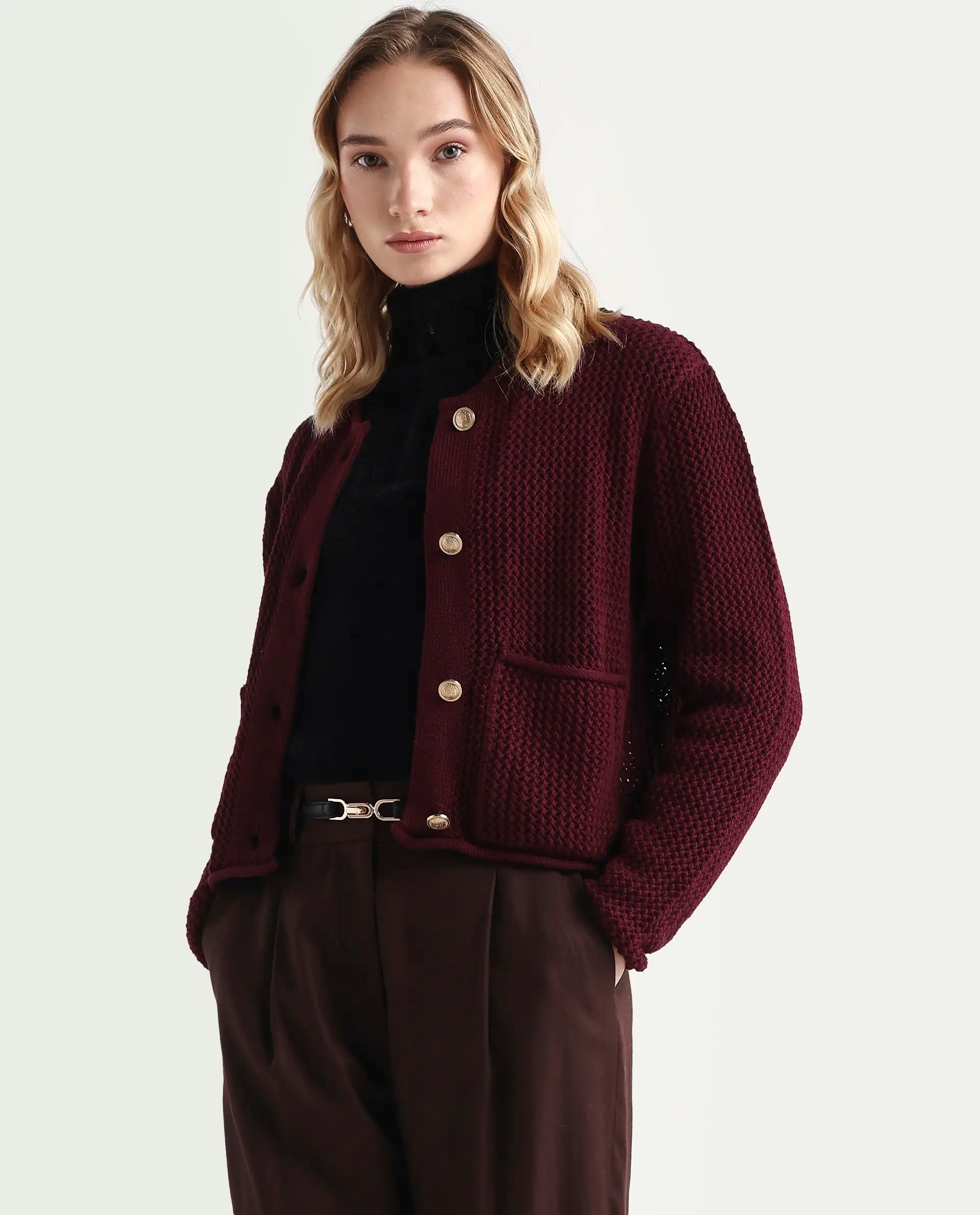 Rareism Women's Chetza Dark Maroon Cotton Crew Neck Relaxed Fit Cardigan