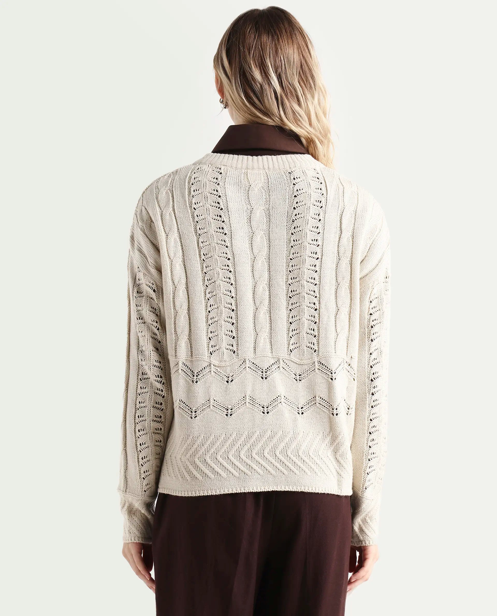 Rareism Women's Sabia Light Beige Acrylic Crew Neck Relaxed Fit Sweater