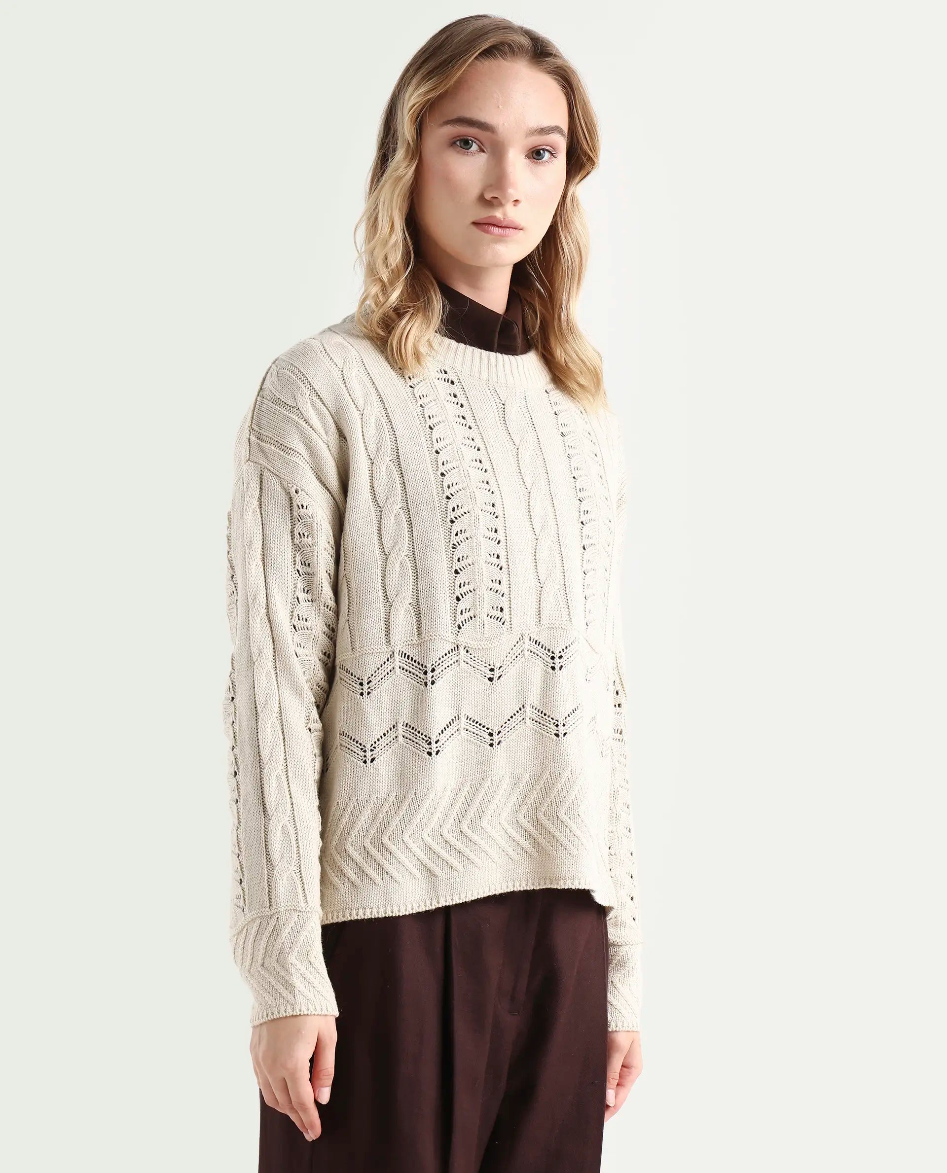 Rareism Women's Sabia Light Beige Acrylic Crew Neck Relaxed Fit Sweater