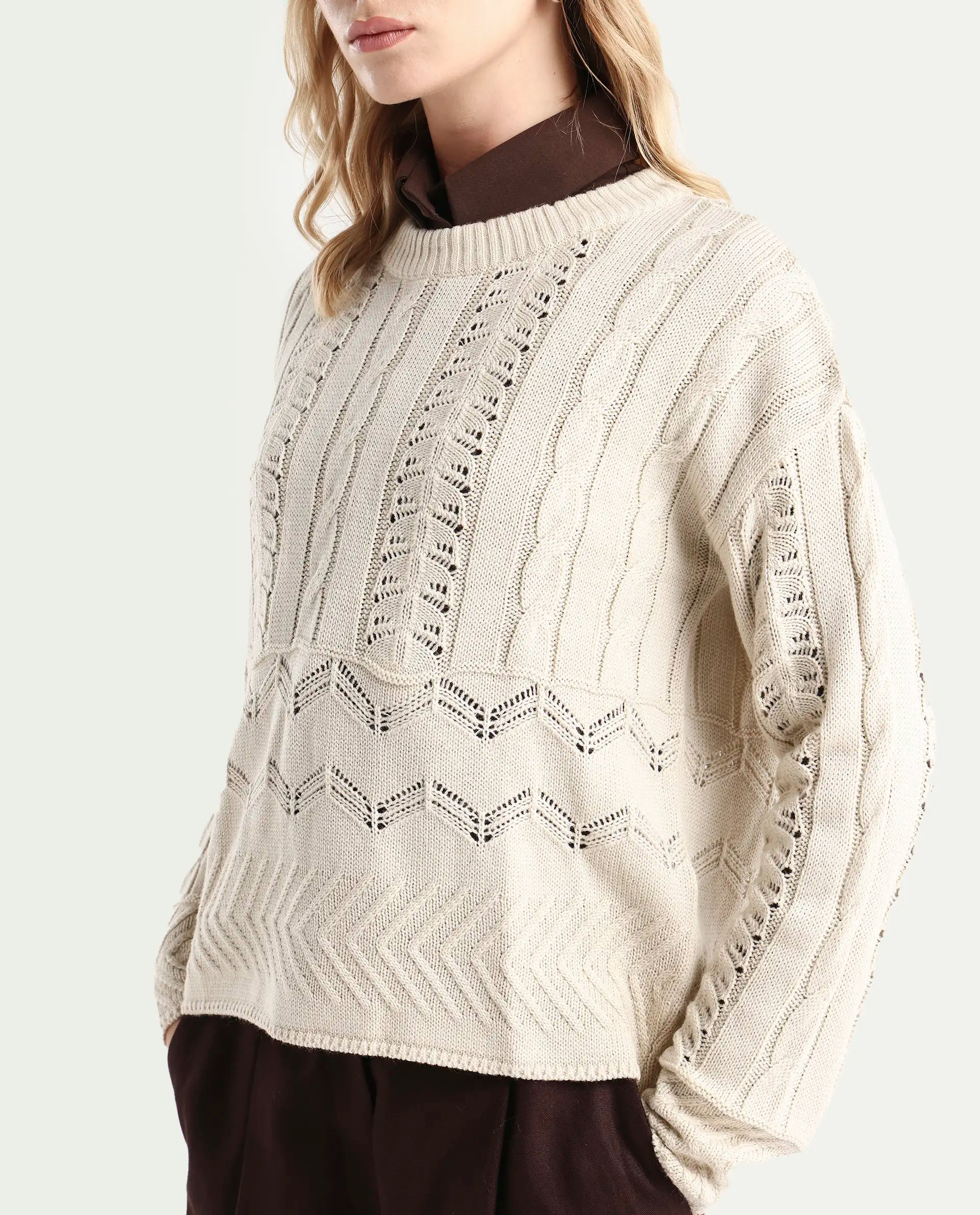 Rareism Women's Sabia Light Beige Acrylic Crew Neck Relaxed Fit Sweater