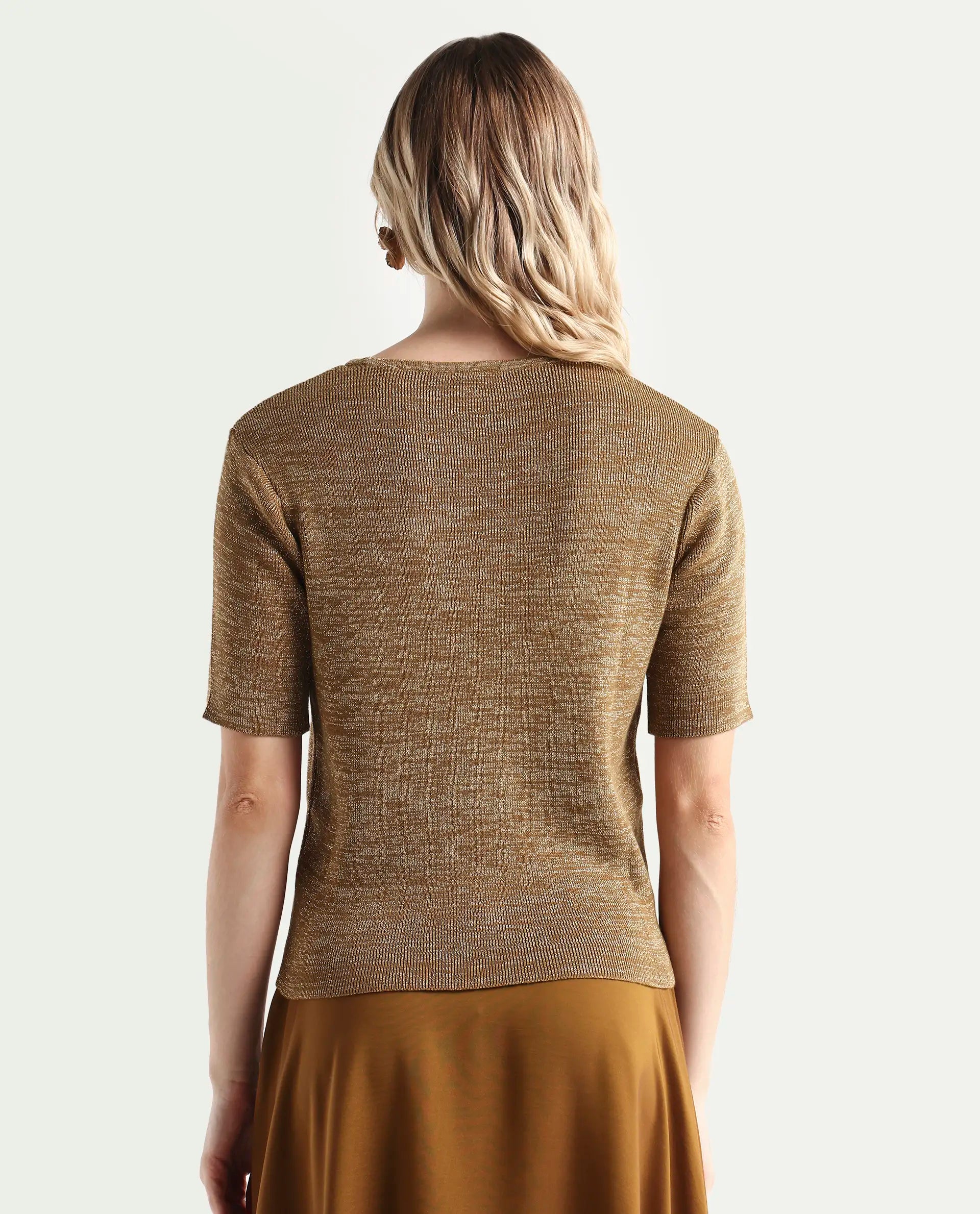 Rareism Women's Frellic Metalic Gold Cotton Blend Crew Neck Regular Fit Plain Top