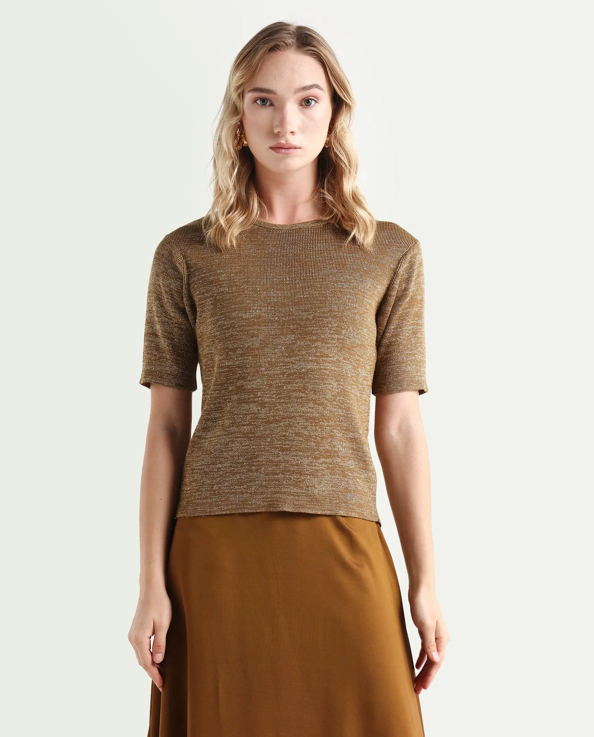 Rareism Women's Frellic Metalic Gold Cotton Blend Crew Neck Regular Fit Plain Top