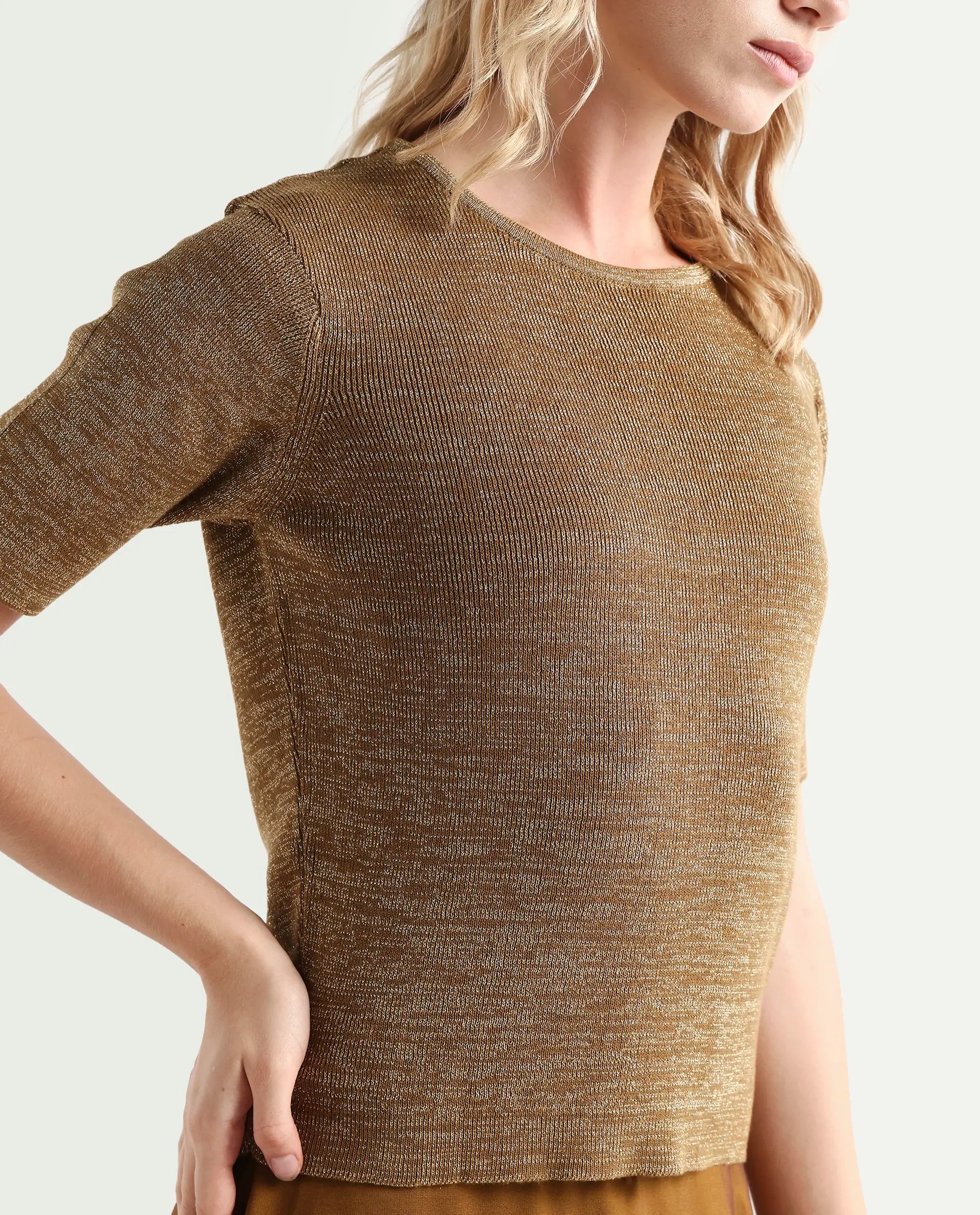 Rareism Women's Frellic Metalic Gold Cotton Blend Crew Neck Regular Fit Plain Top