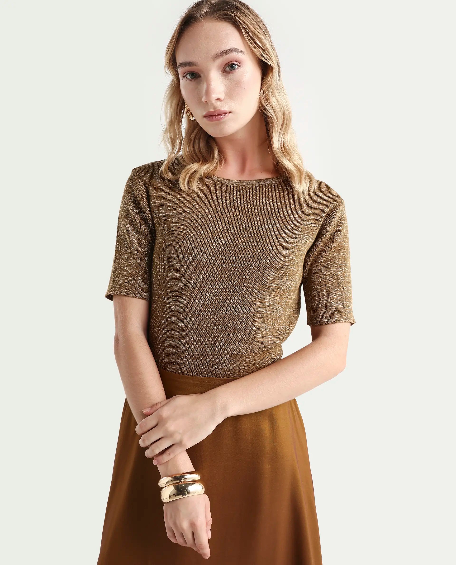 Rareism Women's Frellic Metalic Gold Cotton Blend Crew Neck Regular Fit Plain Top