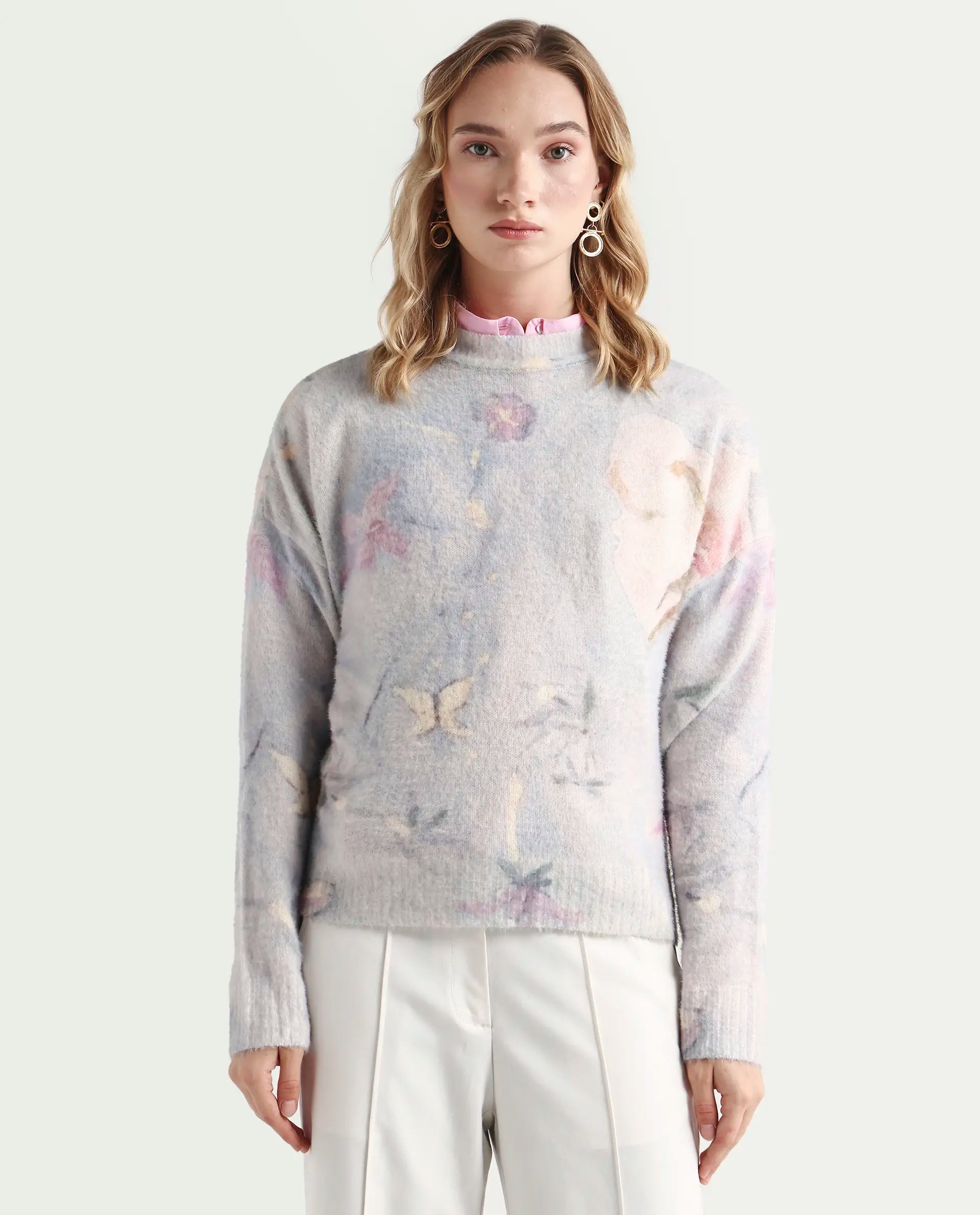 Rareism Women's Siriko Light Multi Acrylic Blend Crew Neck Floral Print Relaxed Fit Sweater