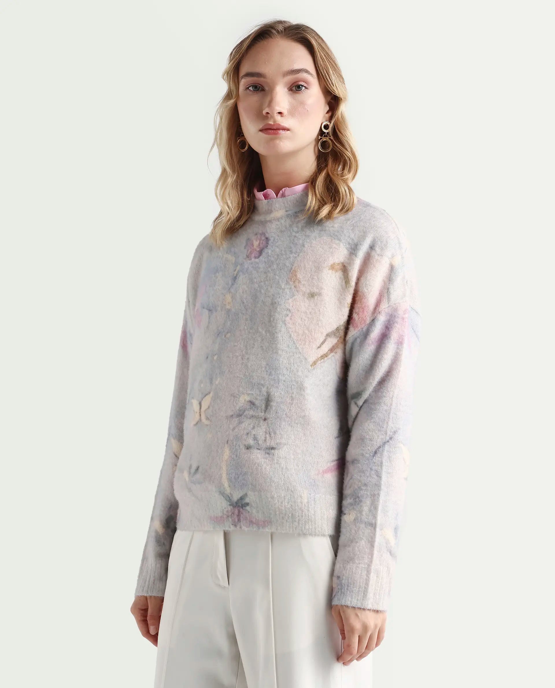 Rareism Women's Siriko Light Multi Acrylic Blend Crew Neck Floral Print Relaxed Fit Sweater
