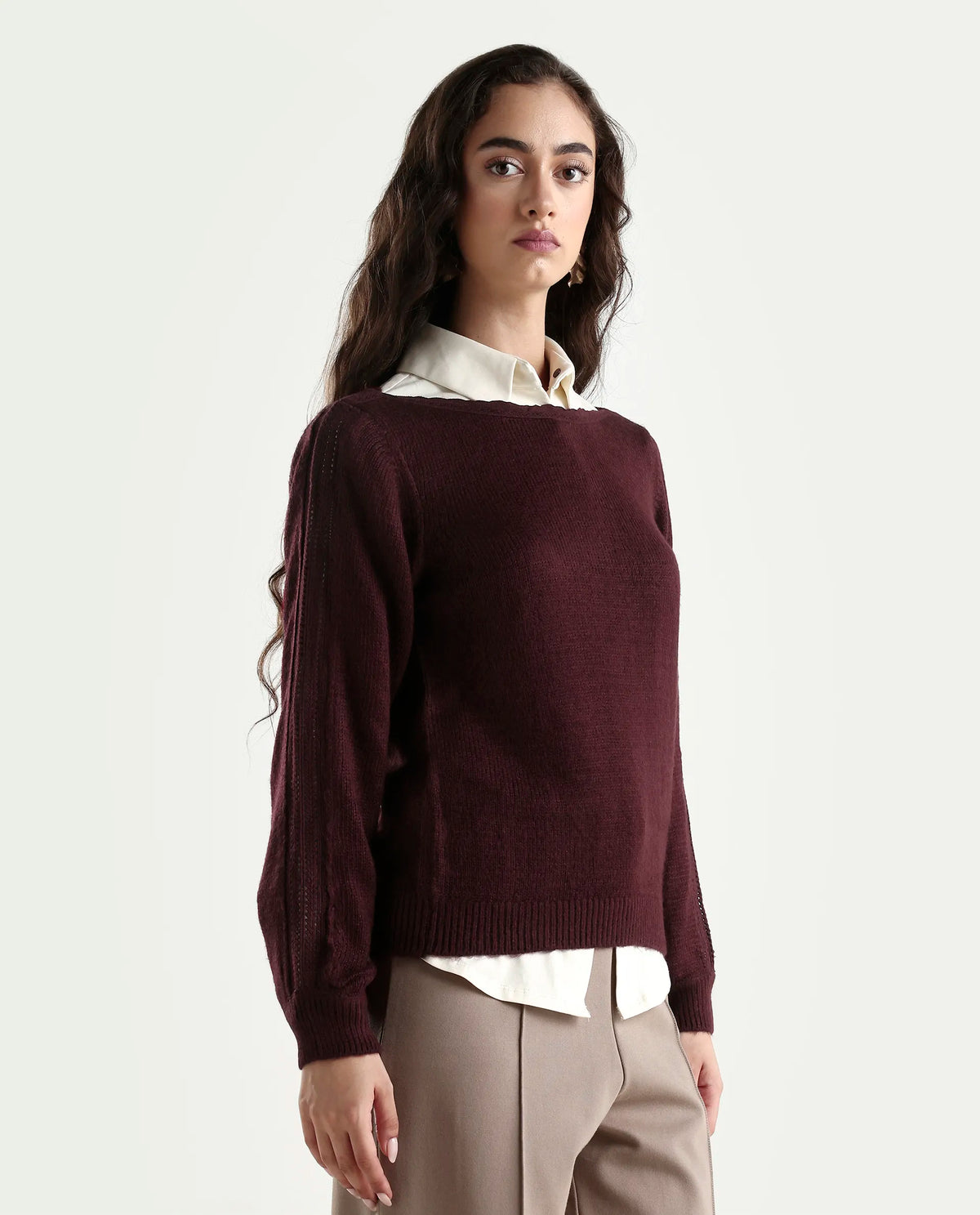 Rareism Women's Zula Dark Maroon Acrylic Blend Boat Neck Relaxed Fit Plain Sweater