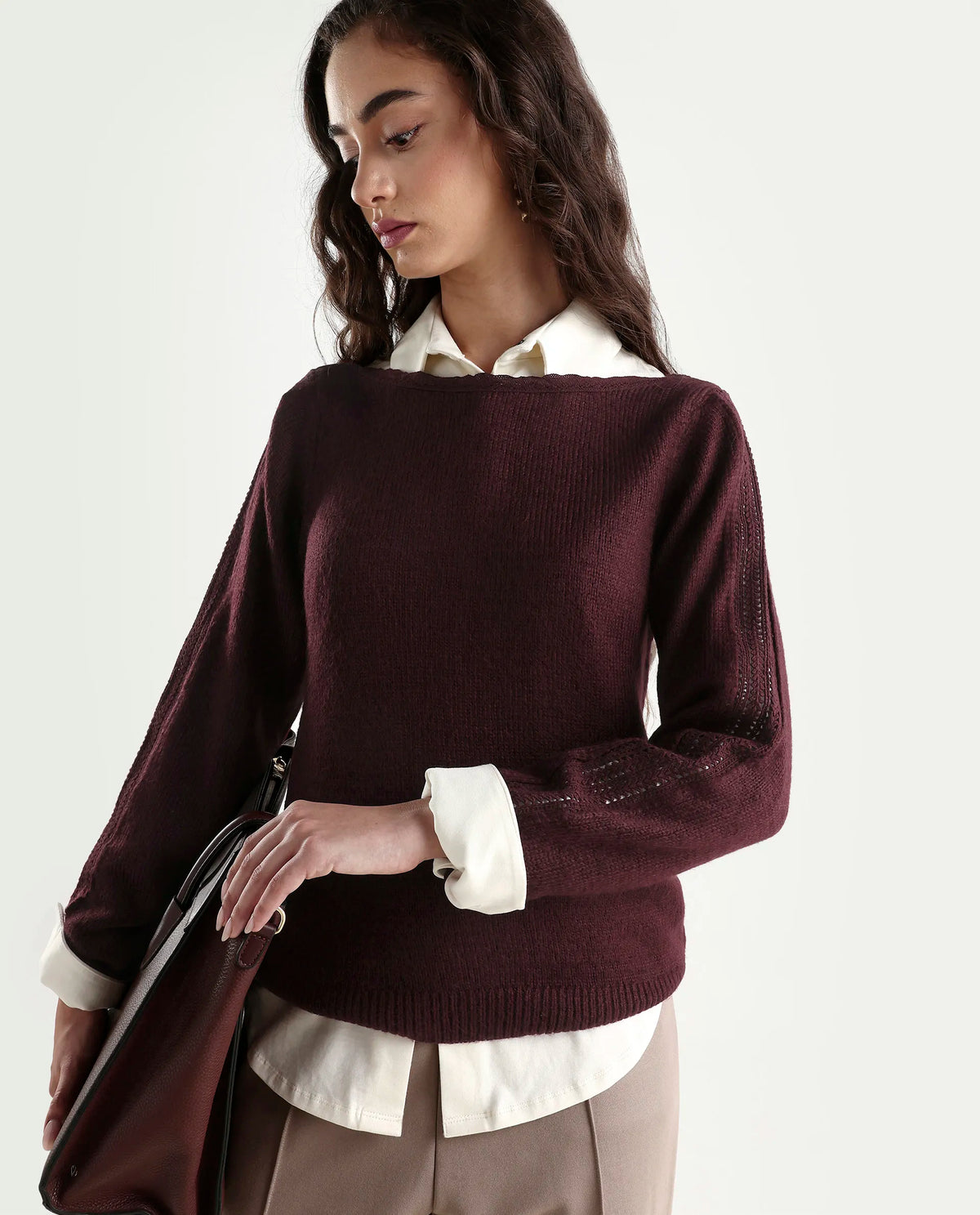 Rareism Women's Zula Dark Maroon Acrylic Blend Boat Neck Relaxed Fit Plain Sweater