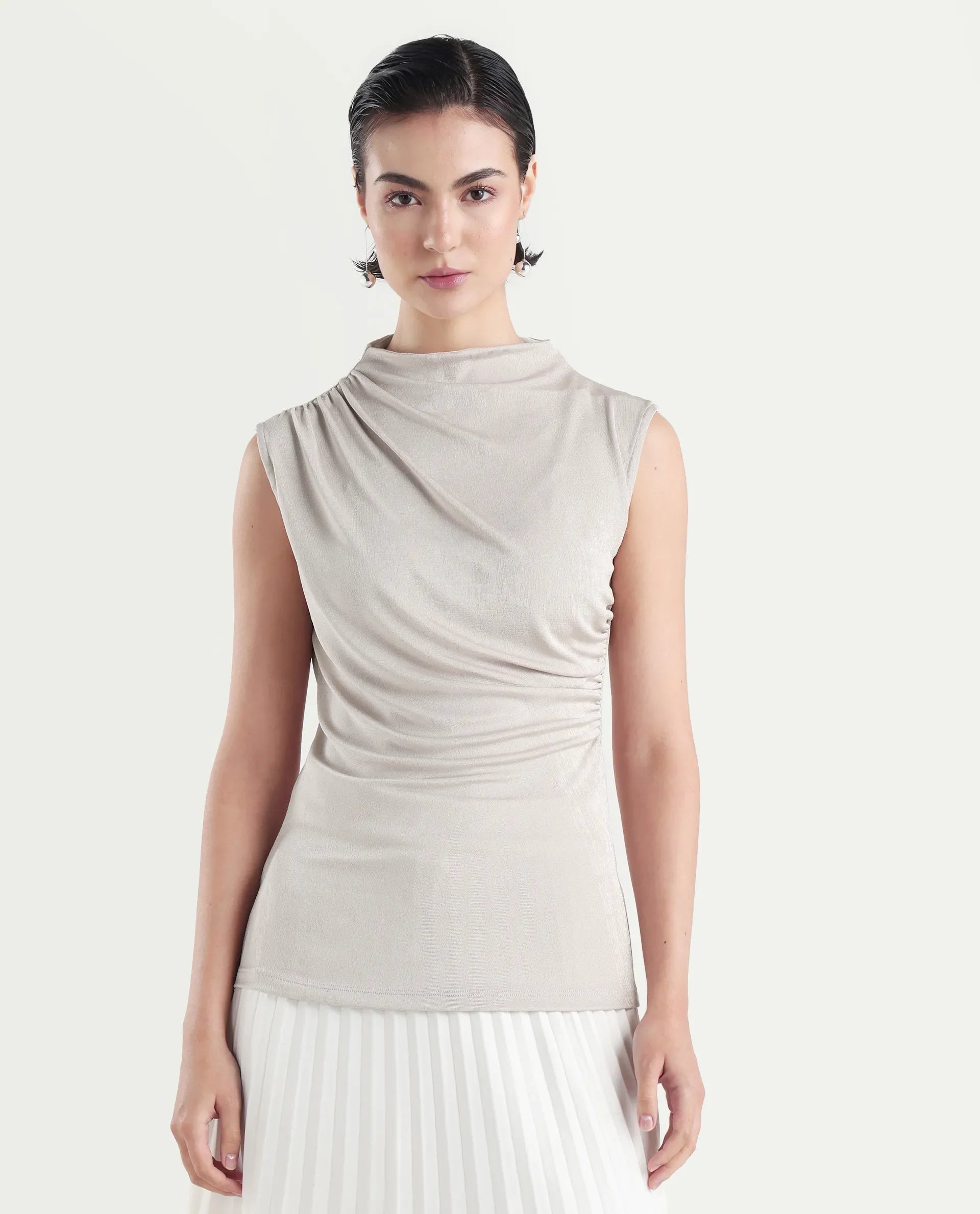 Rareism Women's Zoptus Light Beige Cotton High Neck Regular Fit Plain Top