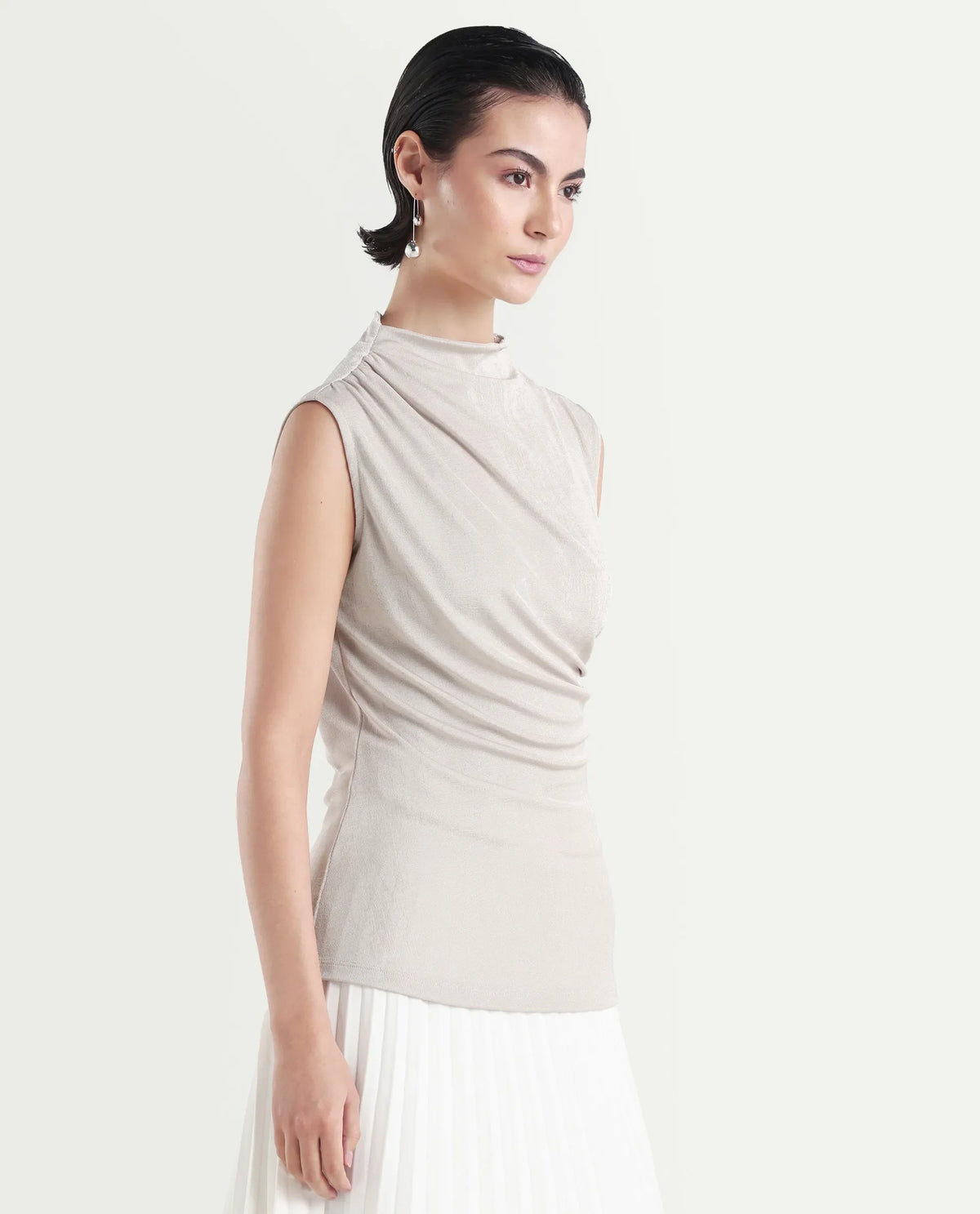 Rareism Women's Zoptus Light Beige Polyester Blend High Neck Regular Fit Plain Top