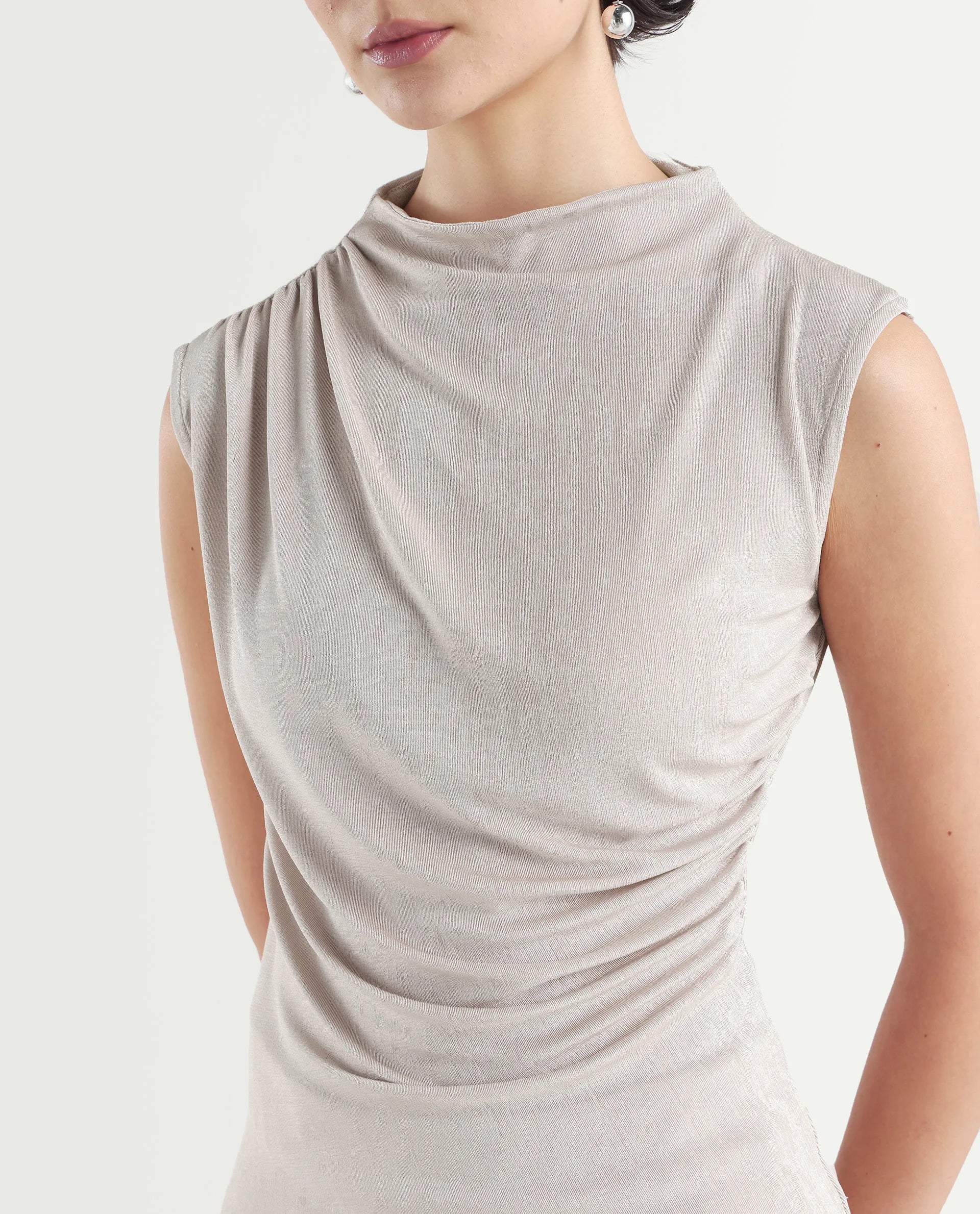 Rareism Women's Zoptus Light Beige Cotton High Neck Regular Fit Plain Top