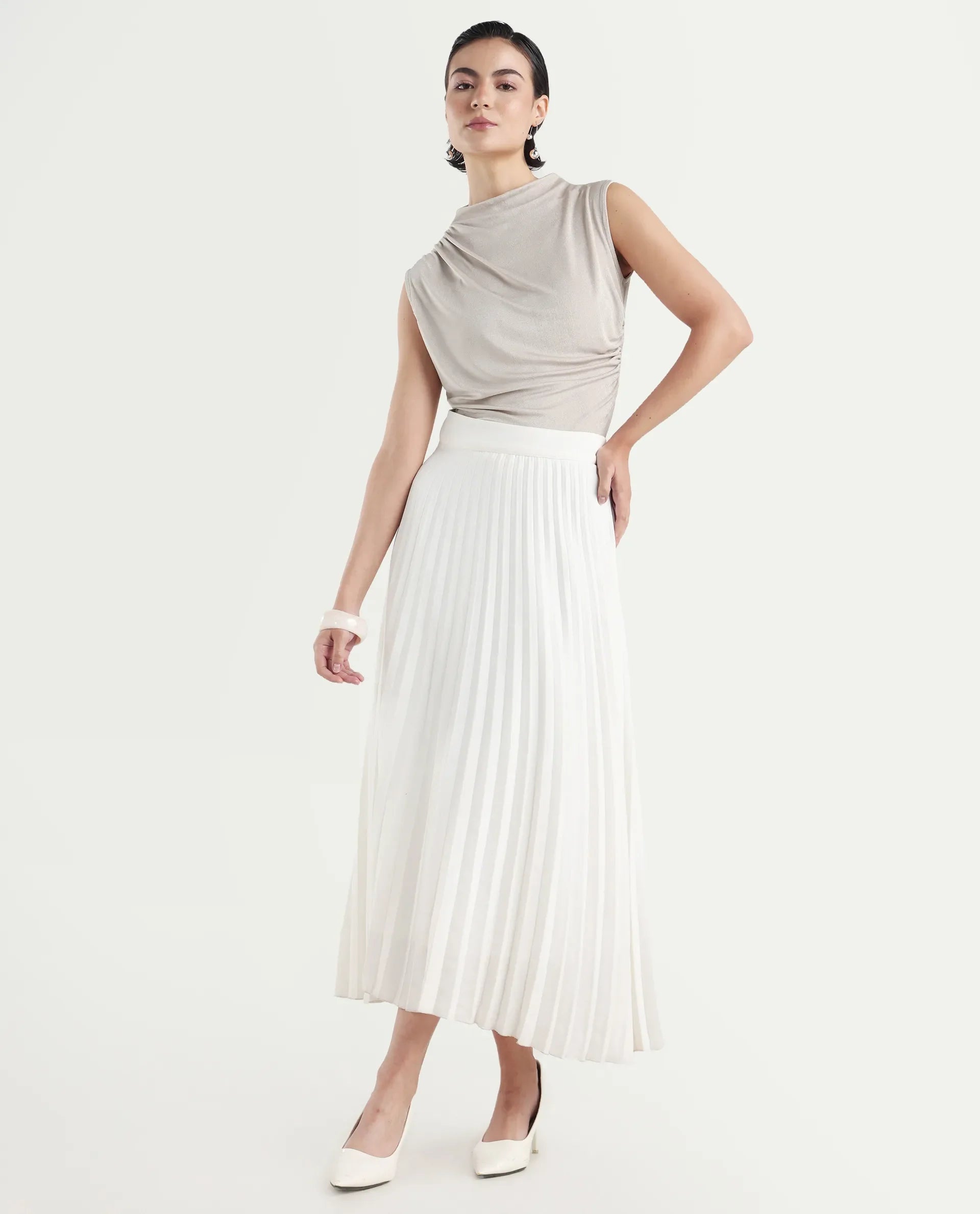 Rareism Women's Zoptus Light Beige Cotton High Neck Regular Fit Plain Top