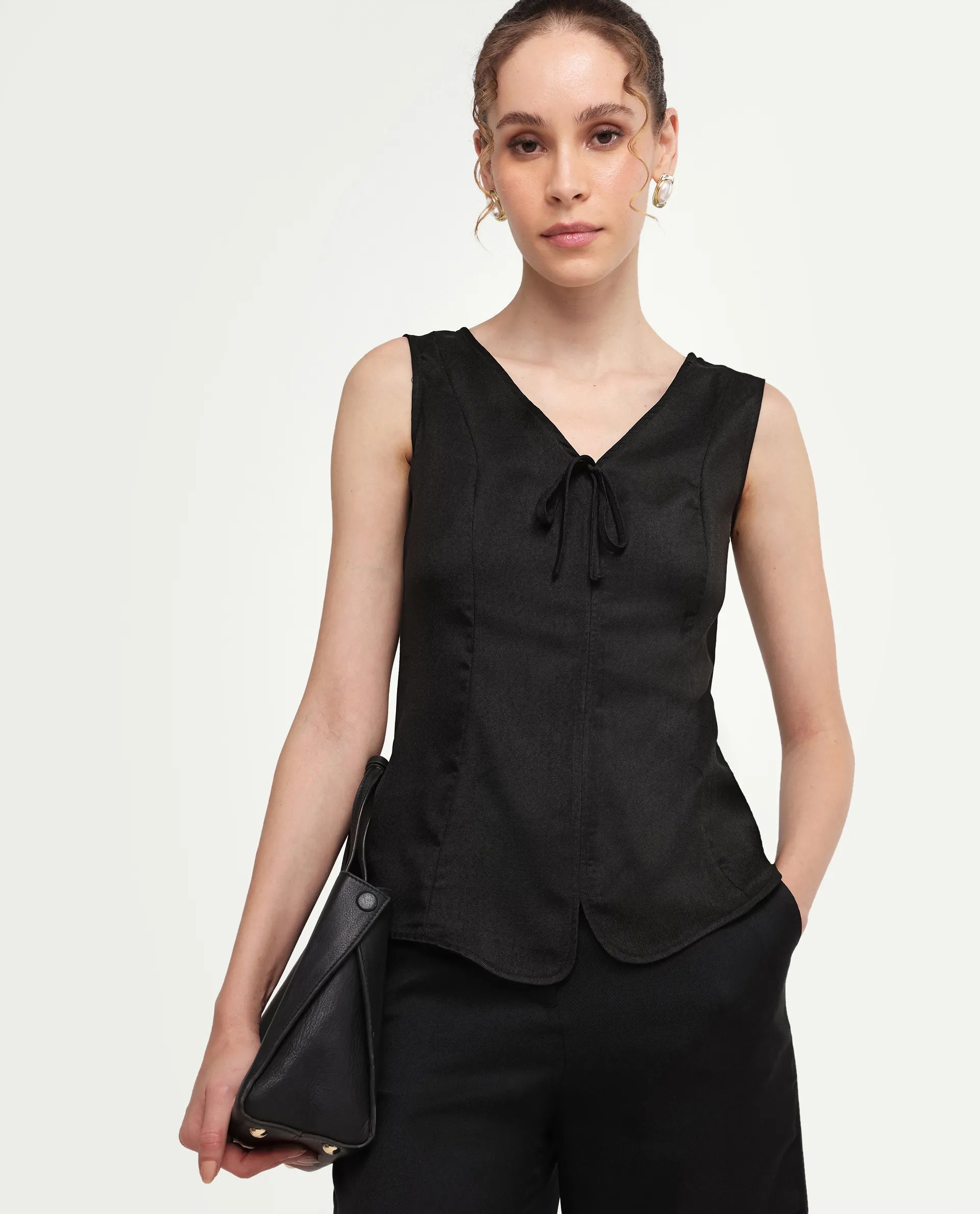 Rareism Women's Valton Black Polyester Sleeveless Regular Fit Plain Top