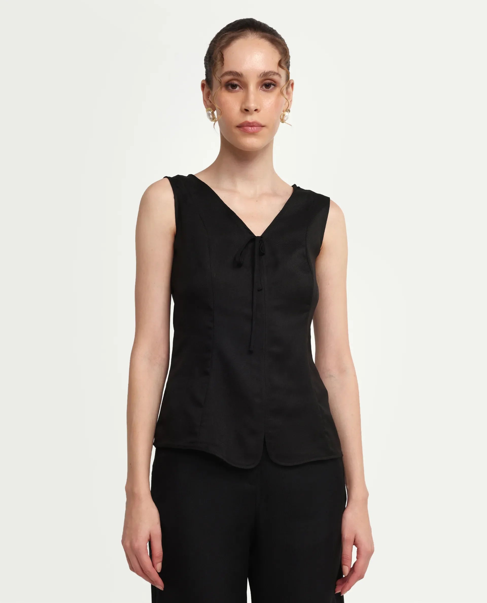 Rareism Women's Valton Black Polyester Sleeveless Regular Fit Plain Top