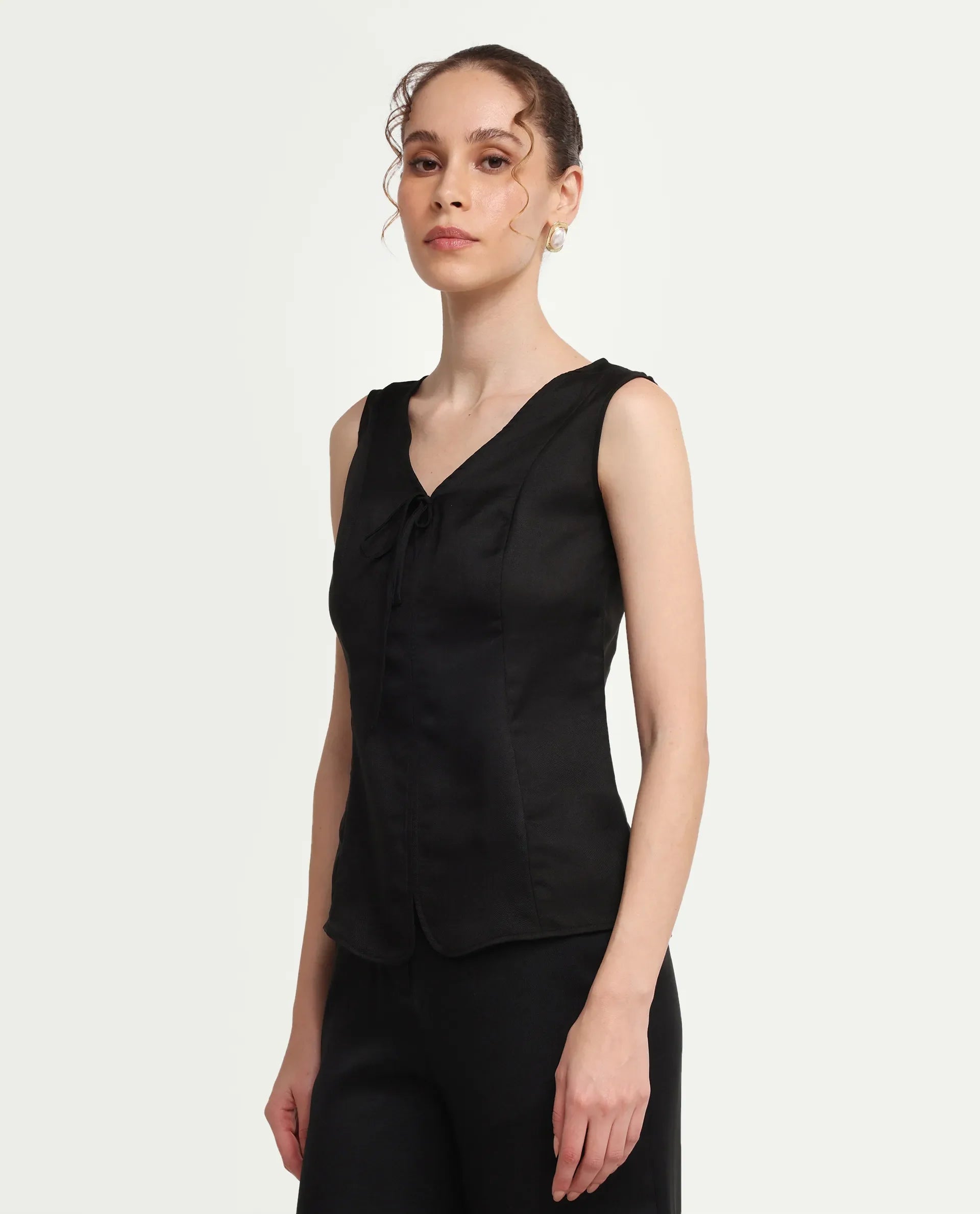 Rareism Women's Valton Black Polyester Sleeveless Regular Fit Plain Top