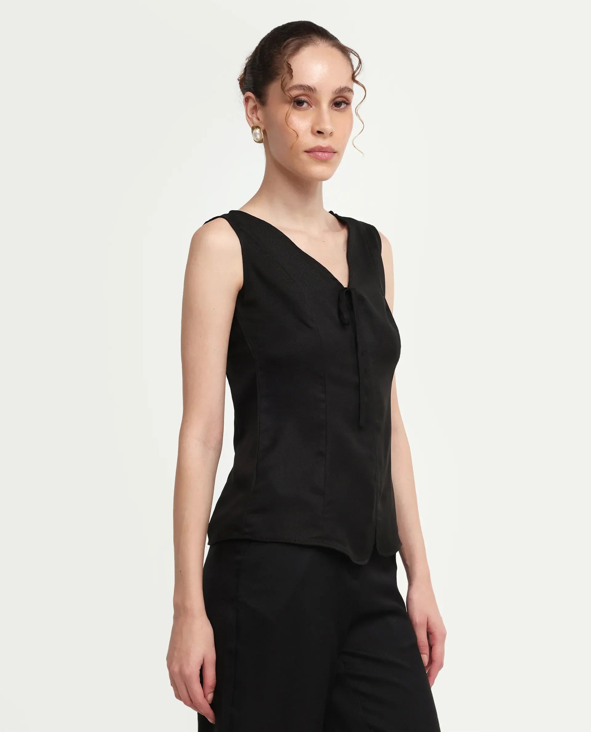 Rareism Women's Valton Black Polyester Sleeveless Regular Fit Plain Top