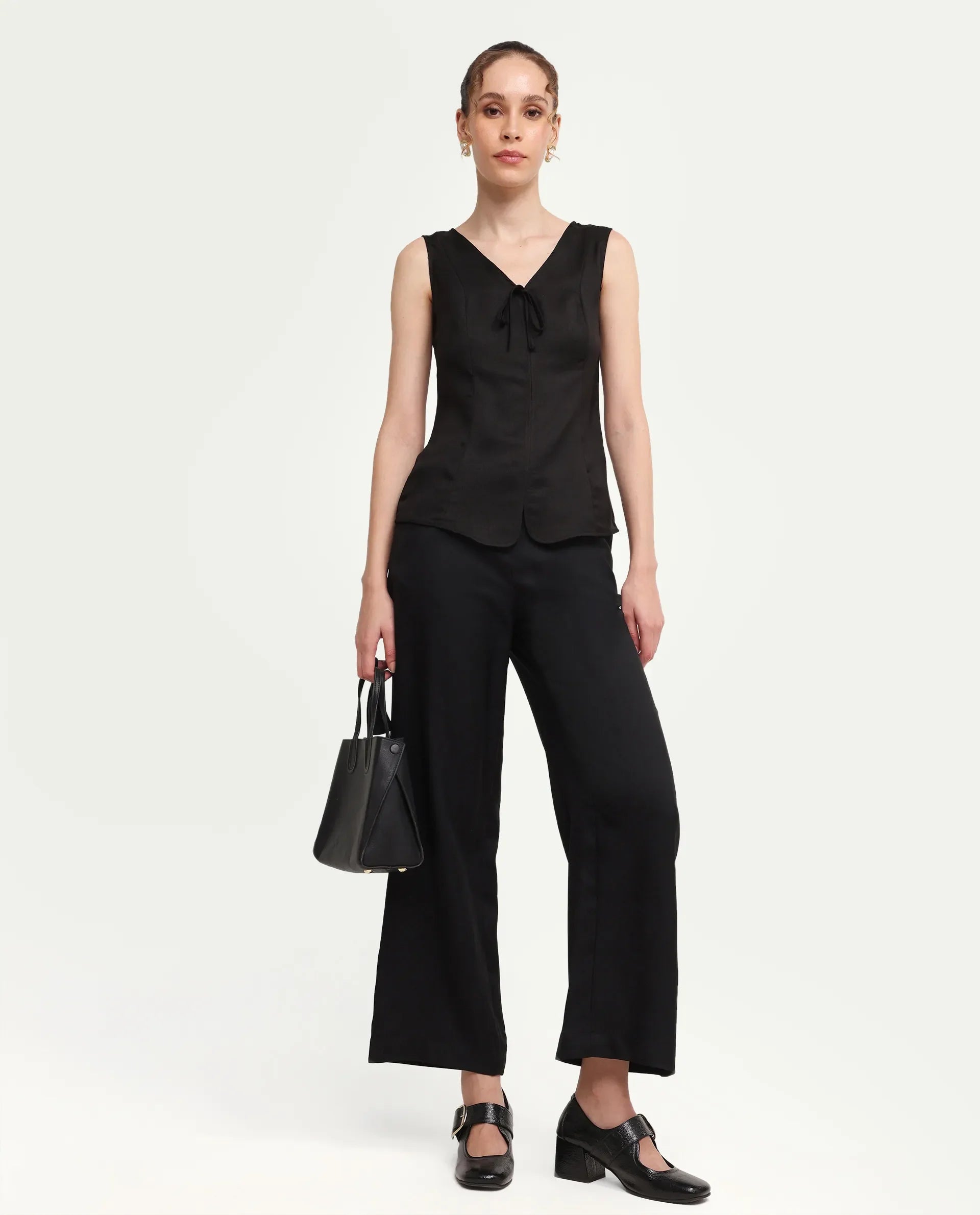 Rareism Women's Valton Black Polyester Sleeveless Regular Fit Plain Top