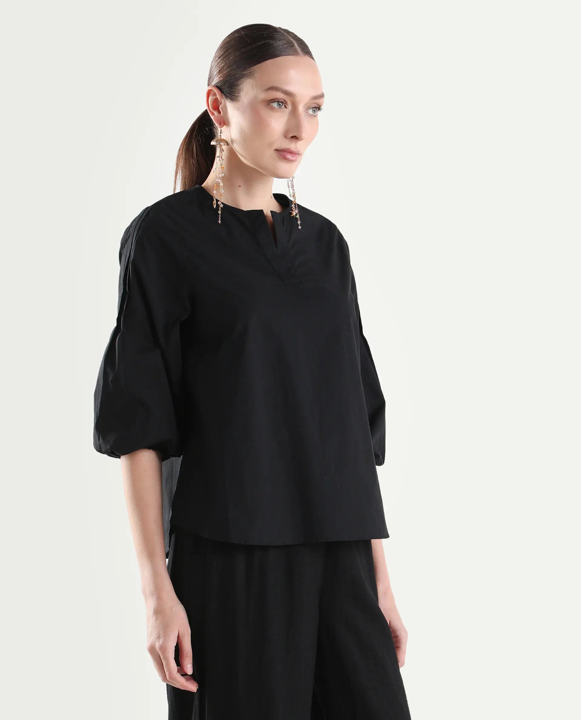 Rareism Women's Varek Black Cotton 3/4Th Sleeve Relaxed Fit Plain Top