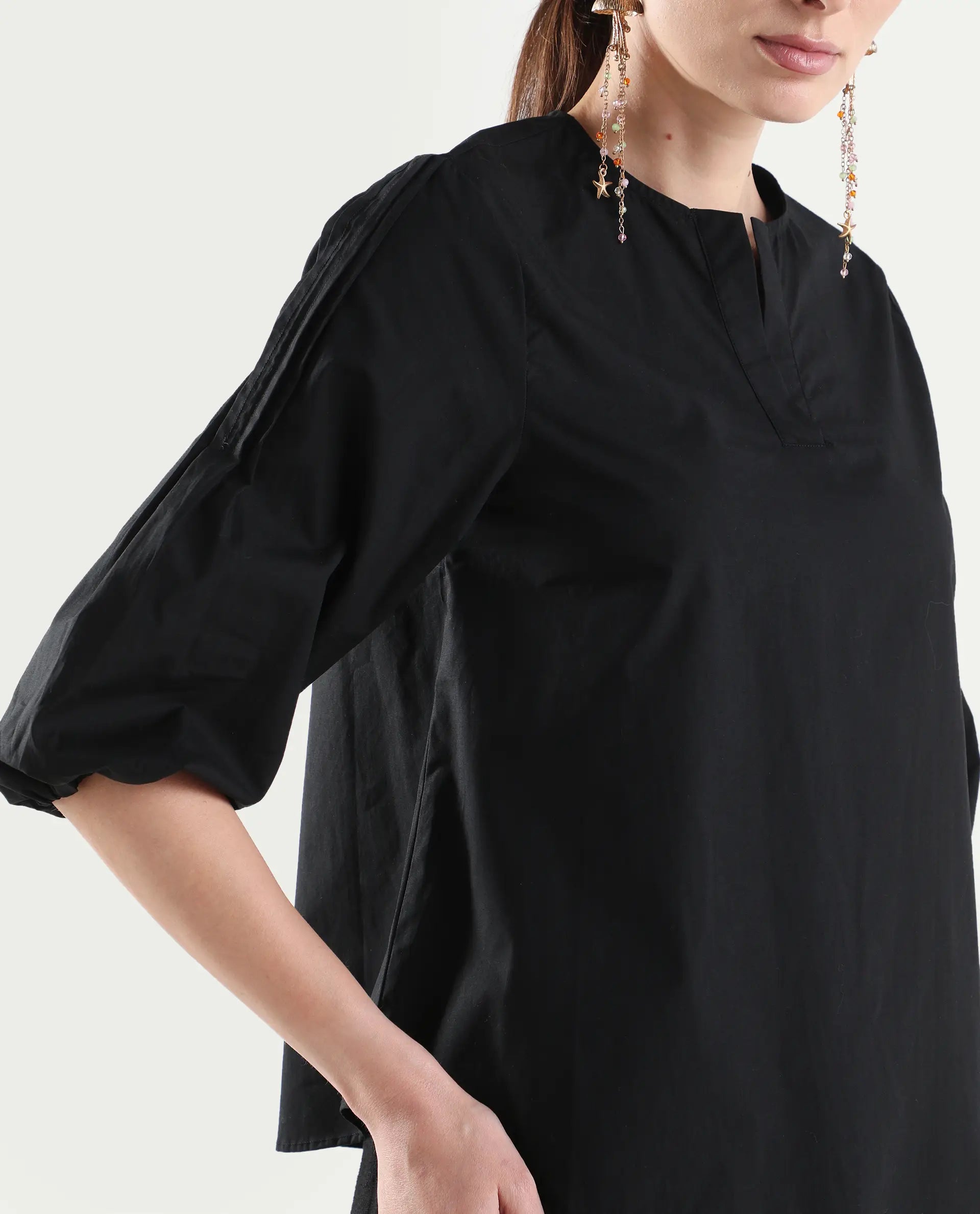 Rareism Women's Varek Black Cotton 3/4Th Sleeve Relaxed Fit Plain Top