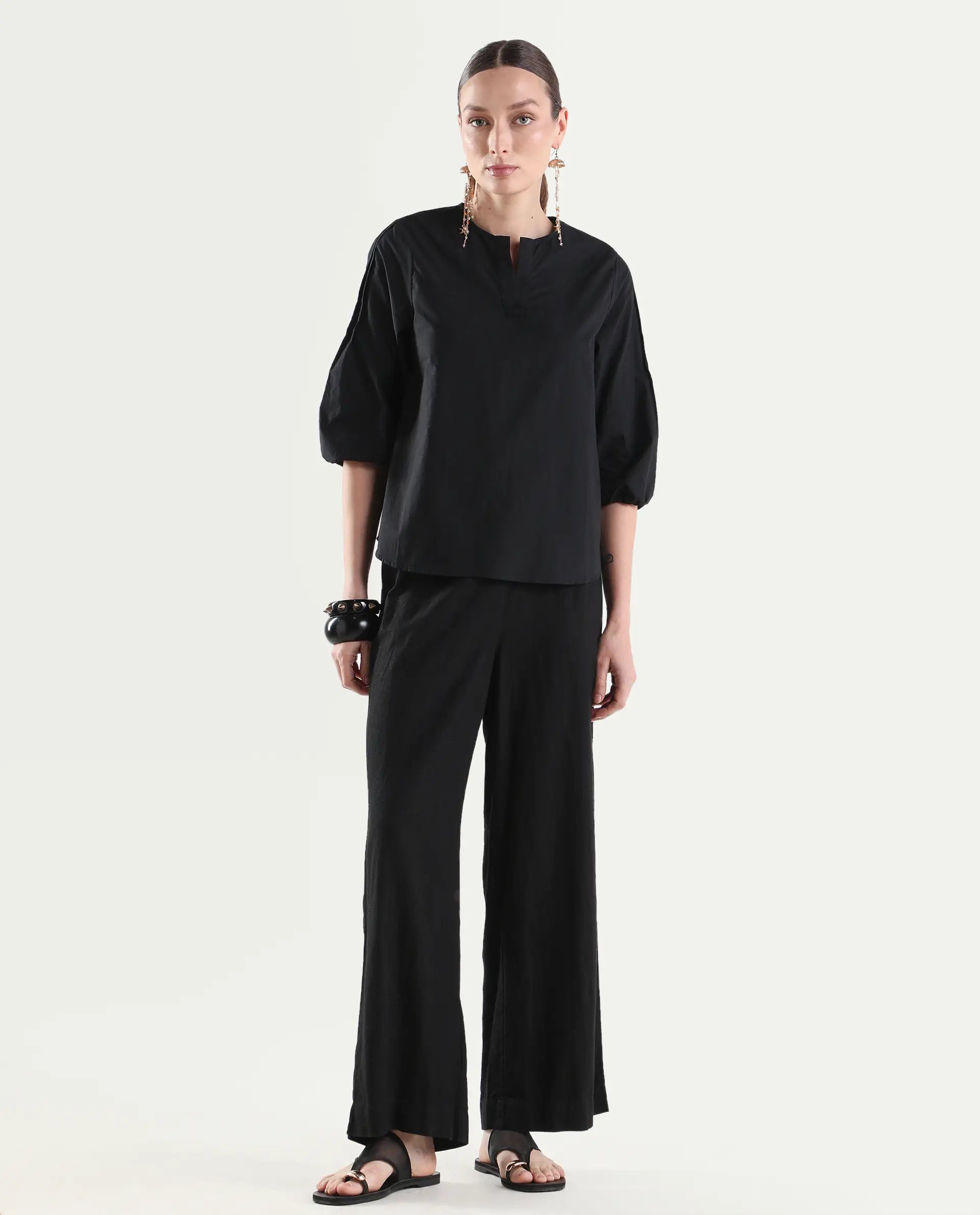 Rareism Women's Varek Black Cotton 3/4Th Sleeve Relaxed Fit Plain Top