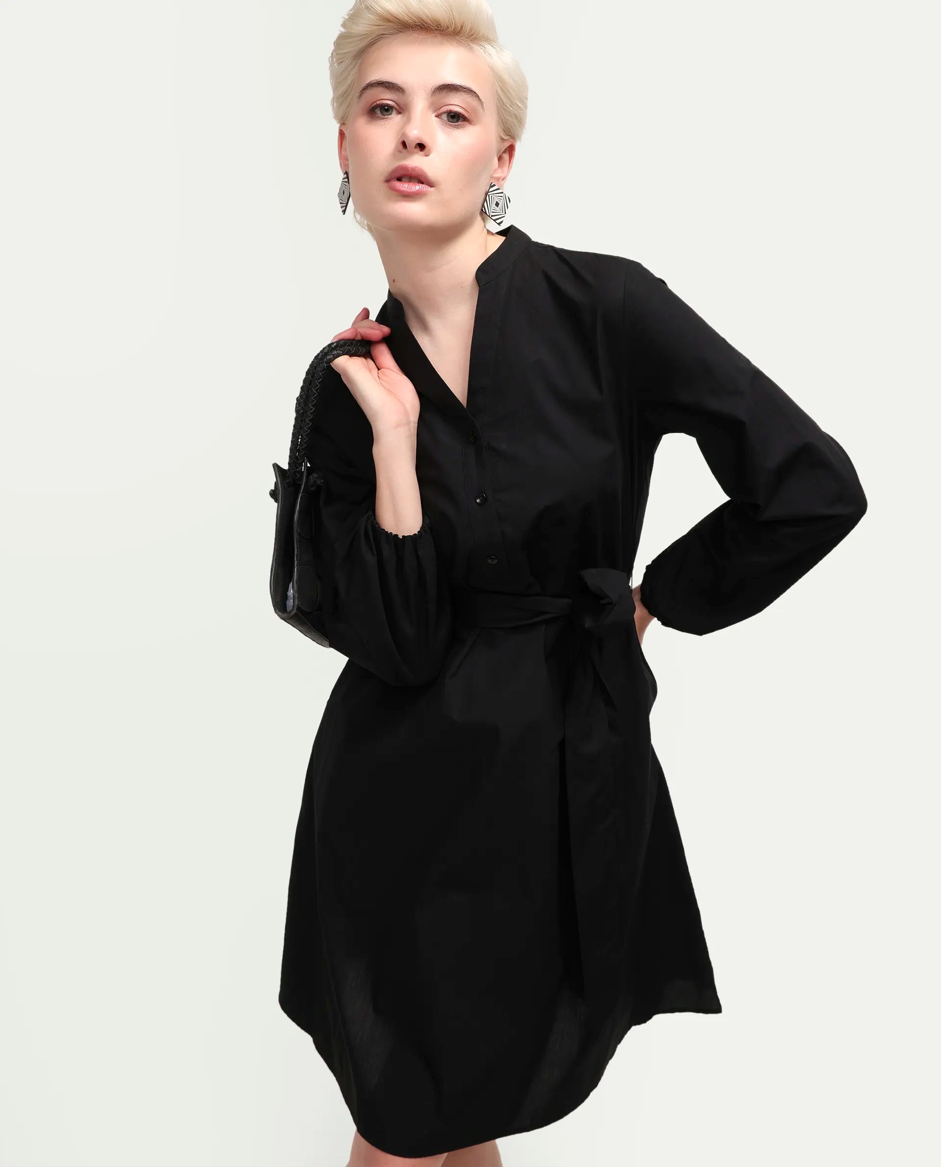 Rareism Women's Vayda Black Cotton Full Sleeve A-Line Plain Dress