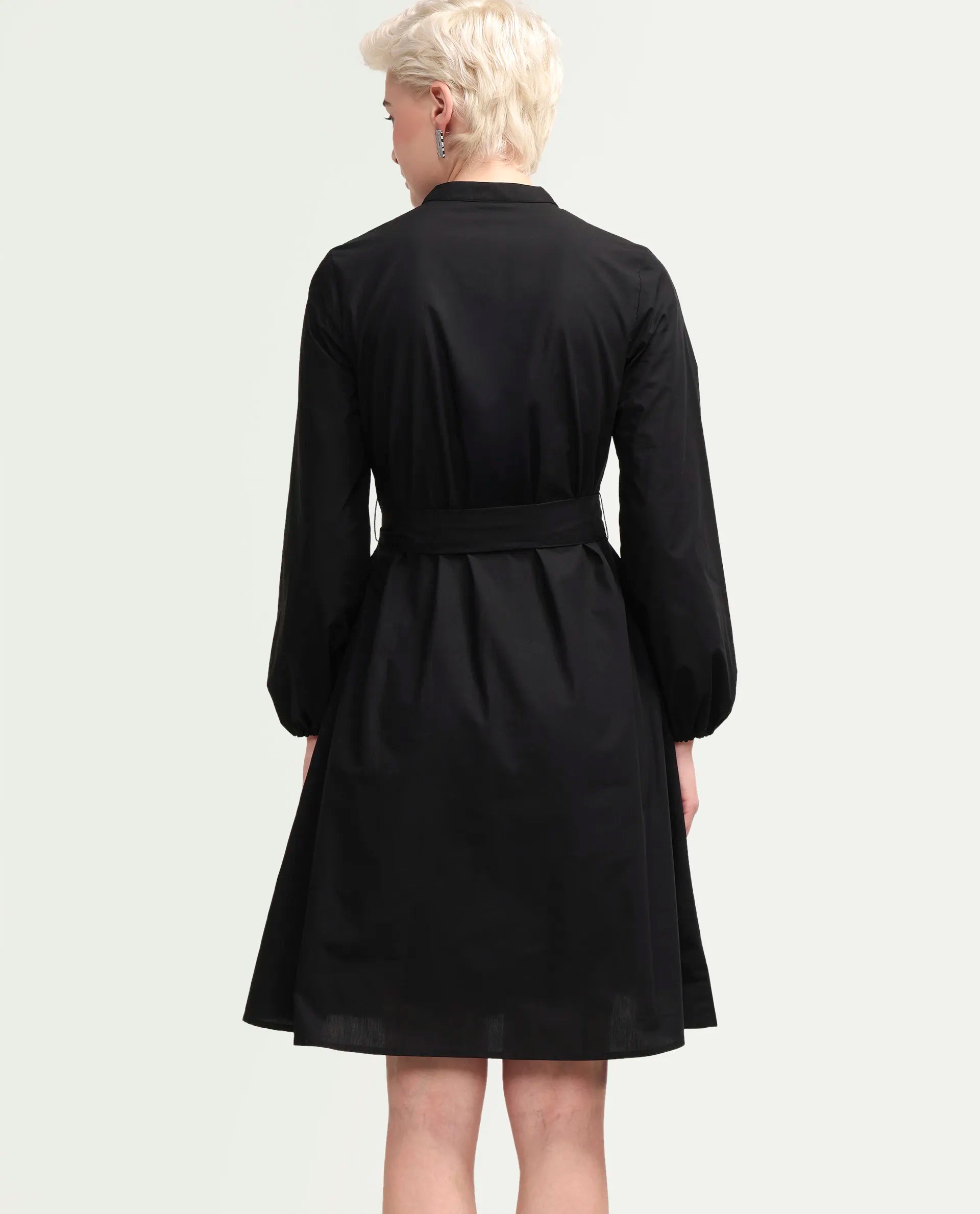 Rareism Women's Vayda Black Cotton Full Sleeve A-Line Plain Dress