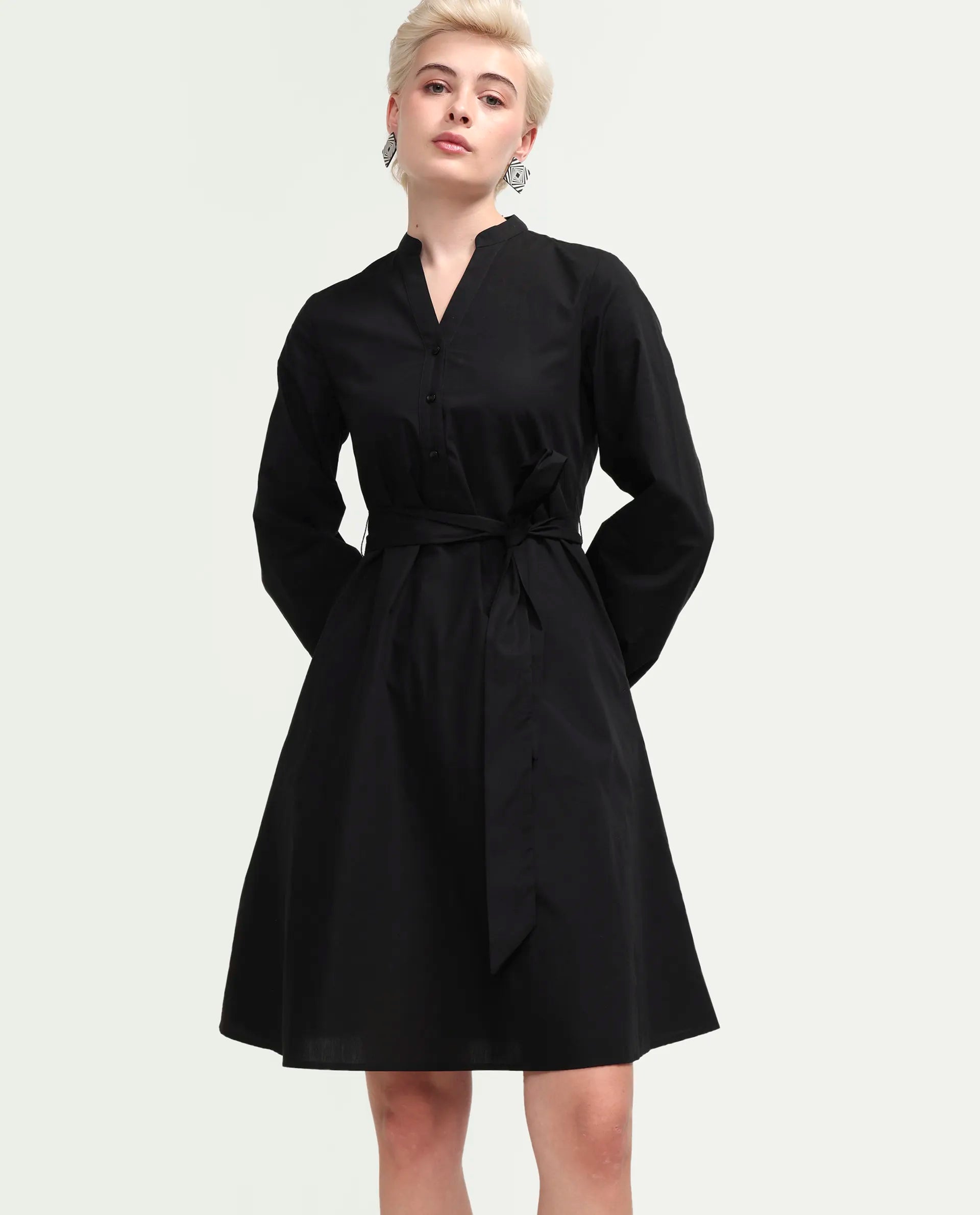 Rareism Women's Vayda Black Cotton Full Sleeve A-Line Plain Dress
