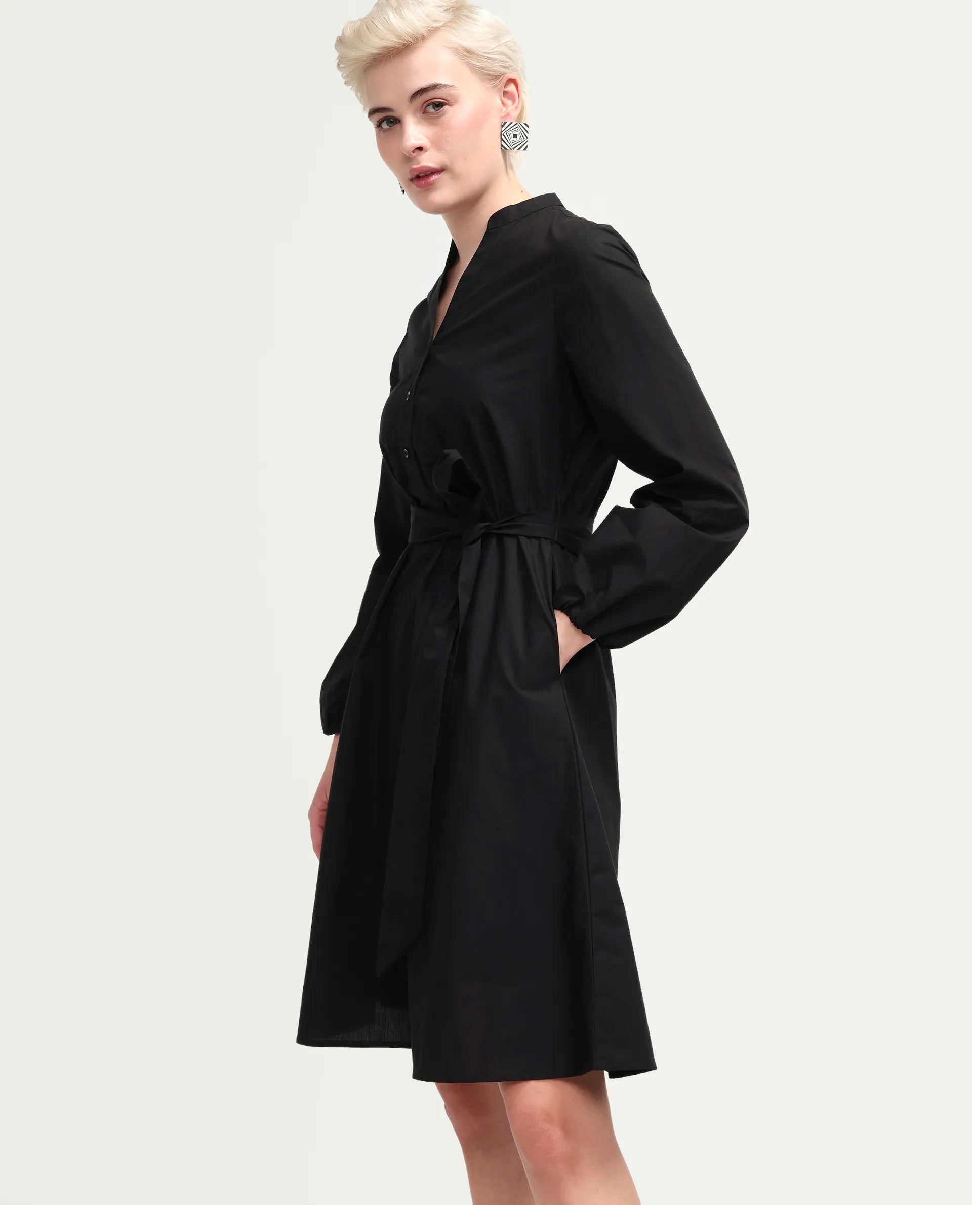 Rareism Women's Vayda Black Cotton Full Sleeve A-Line Plain Dress