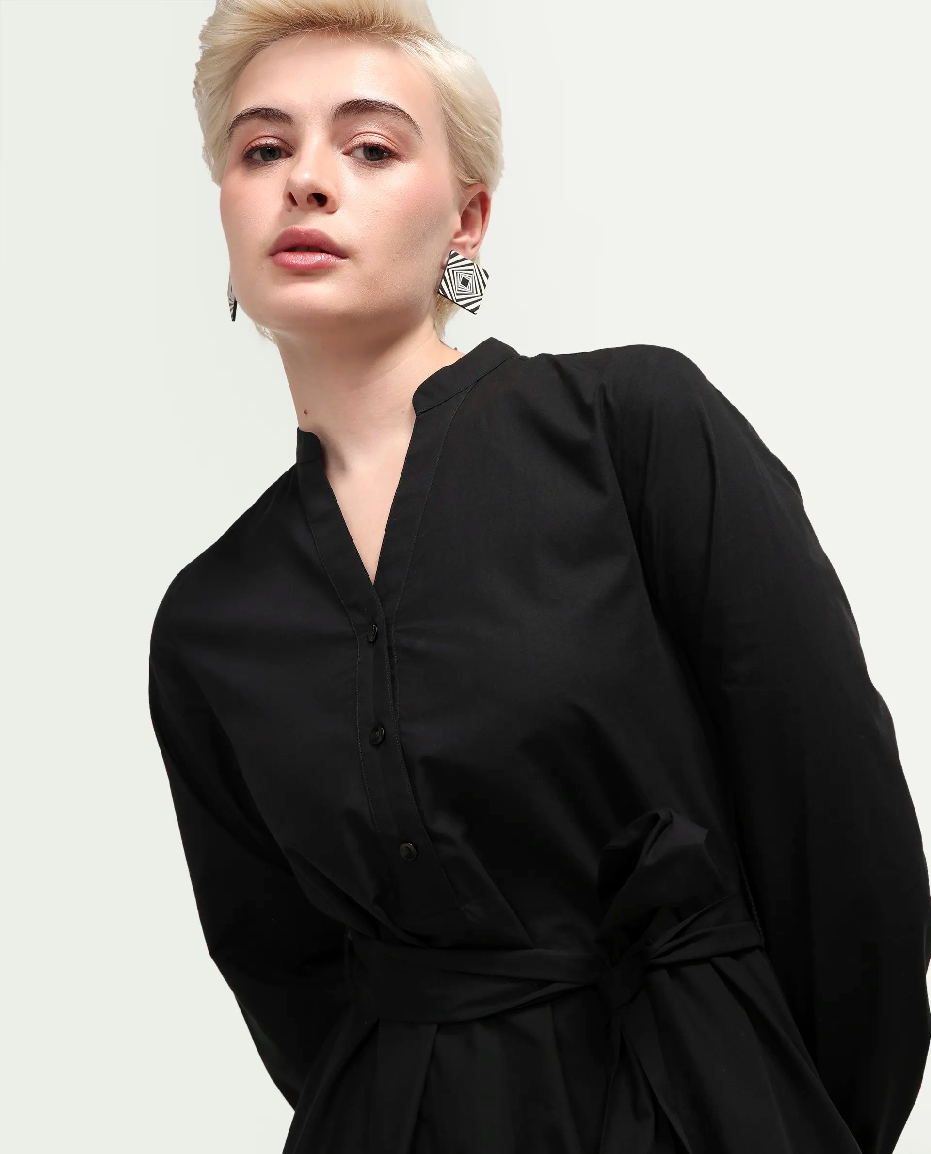 Rareism Women's Vayda Black Cotton Full Sleeve A-Line Plain Dress