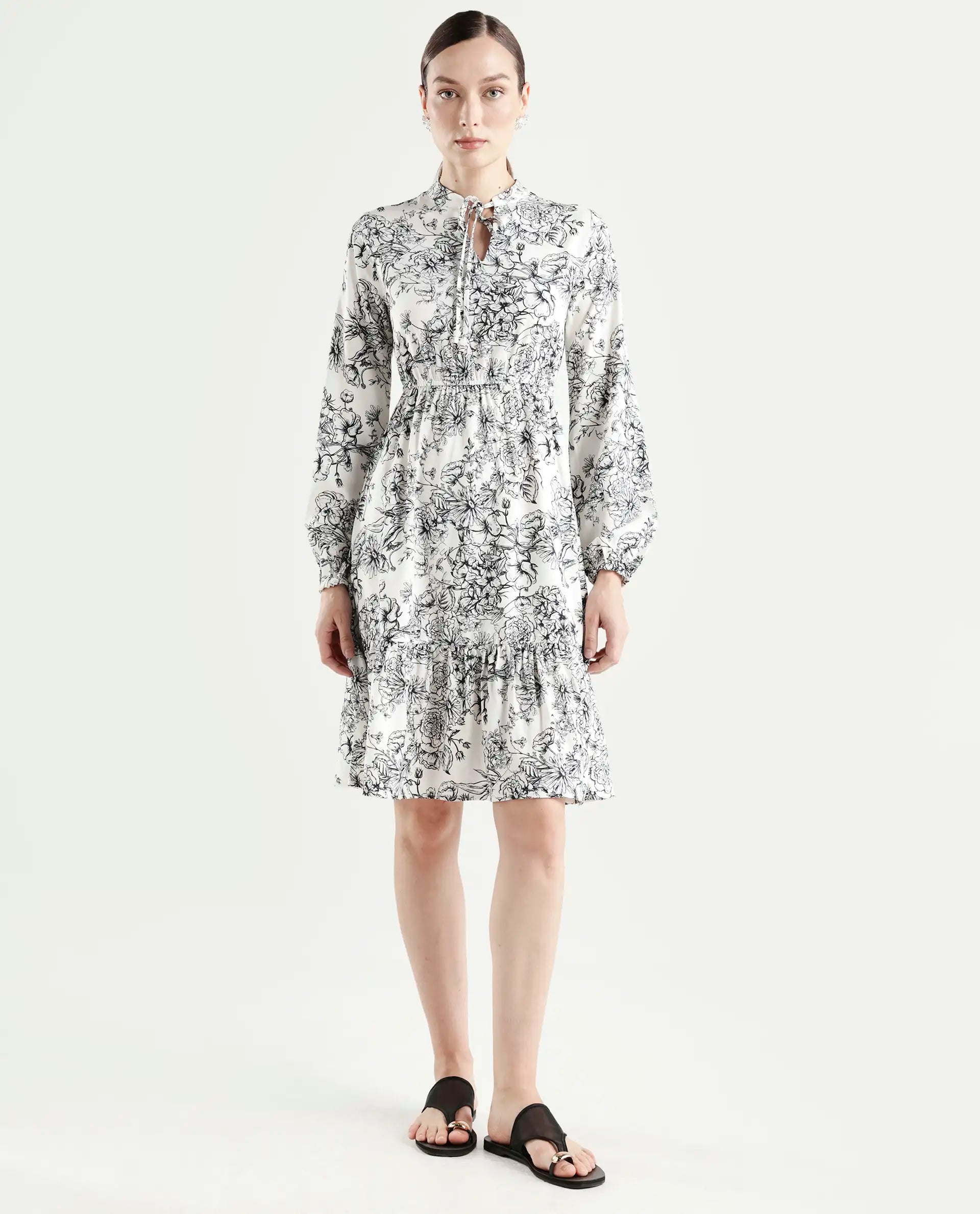 Rareism Women's Veden White Viscose Full Sleeve Flared Floral Print Dress