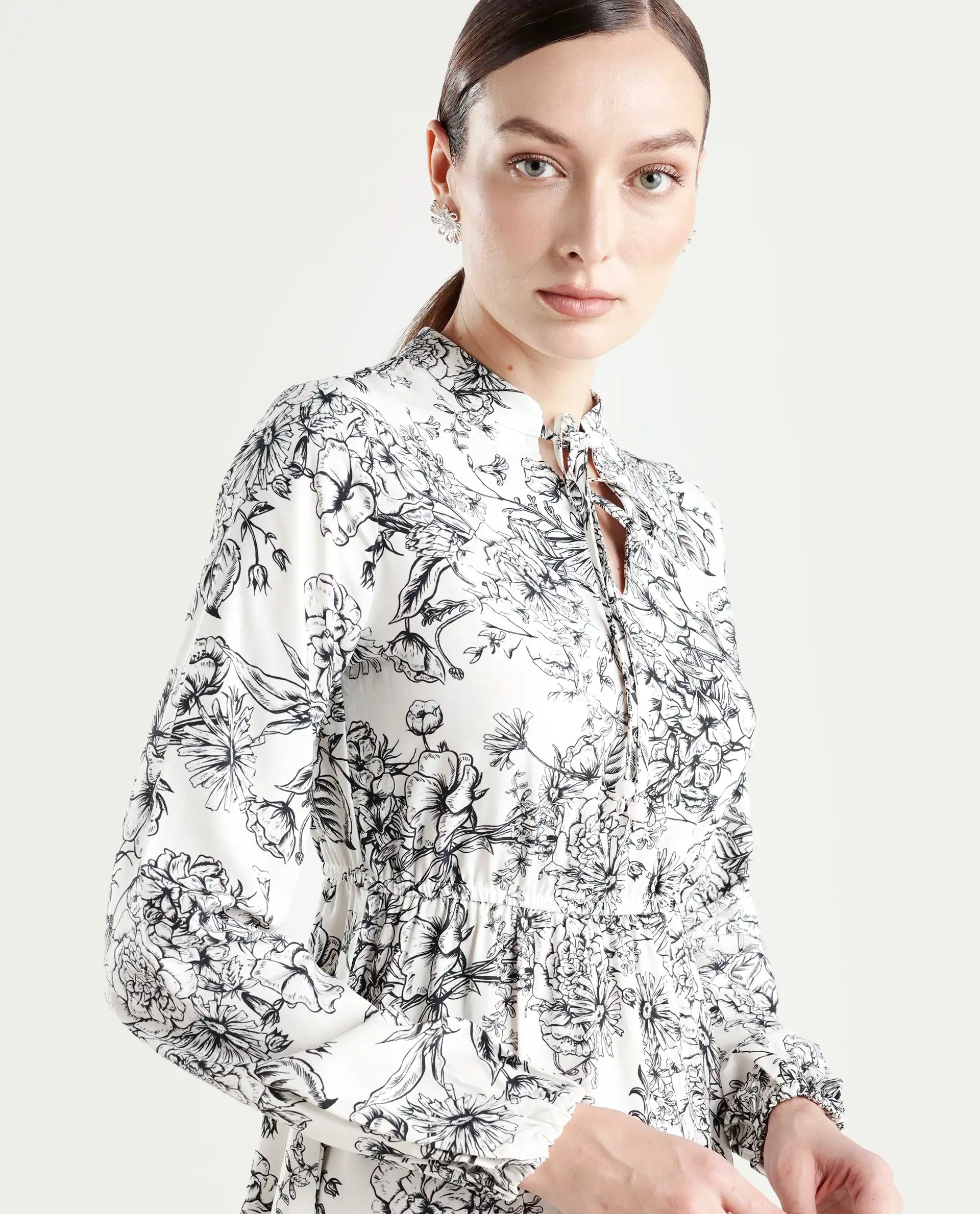 Rareism Women's Veden White Viscose Full Sleeve Flared Floral Print Dress