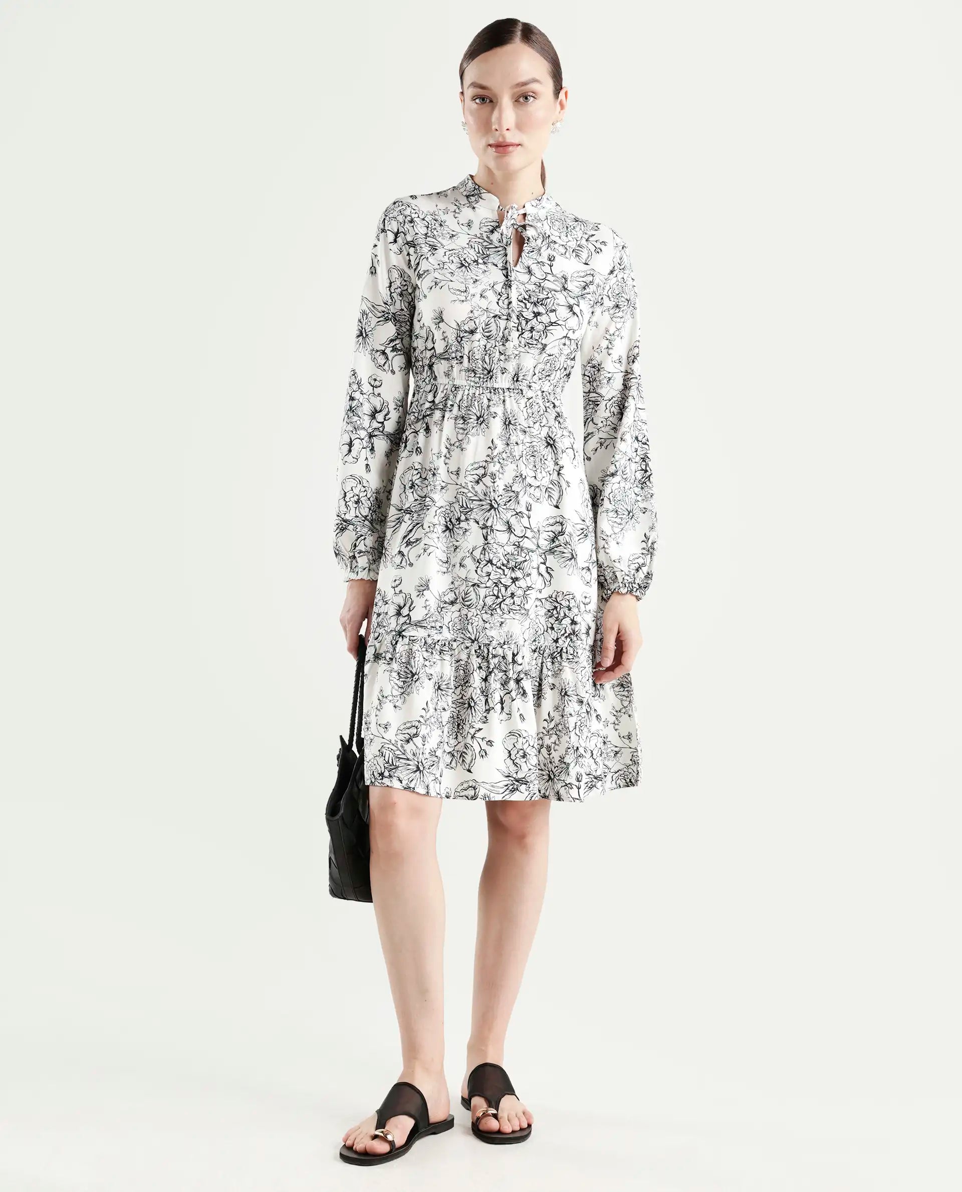 Rareism Women's Veden White Viscose Full Sleeve Flared Floral Print Dress