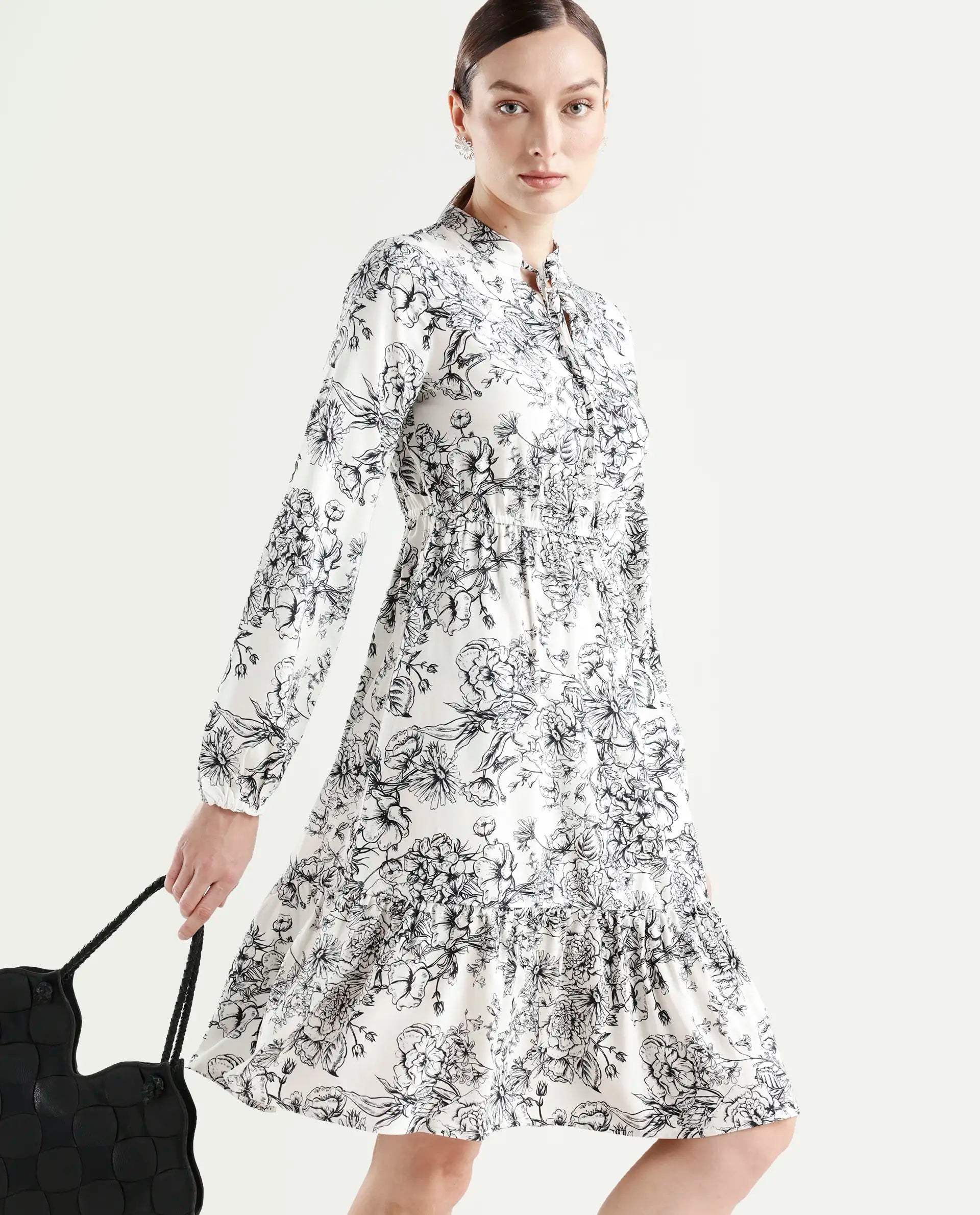 Rareism Women's Veden White Viscose Full Sleeve Flared Floral Print Dress