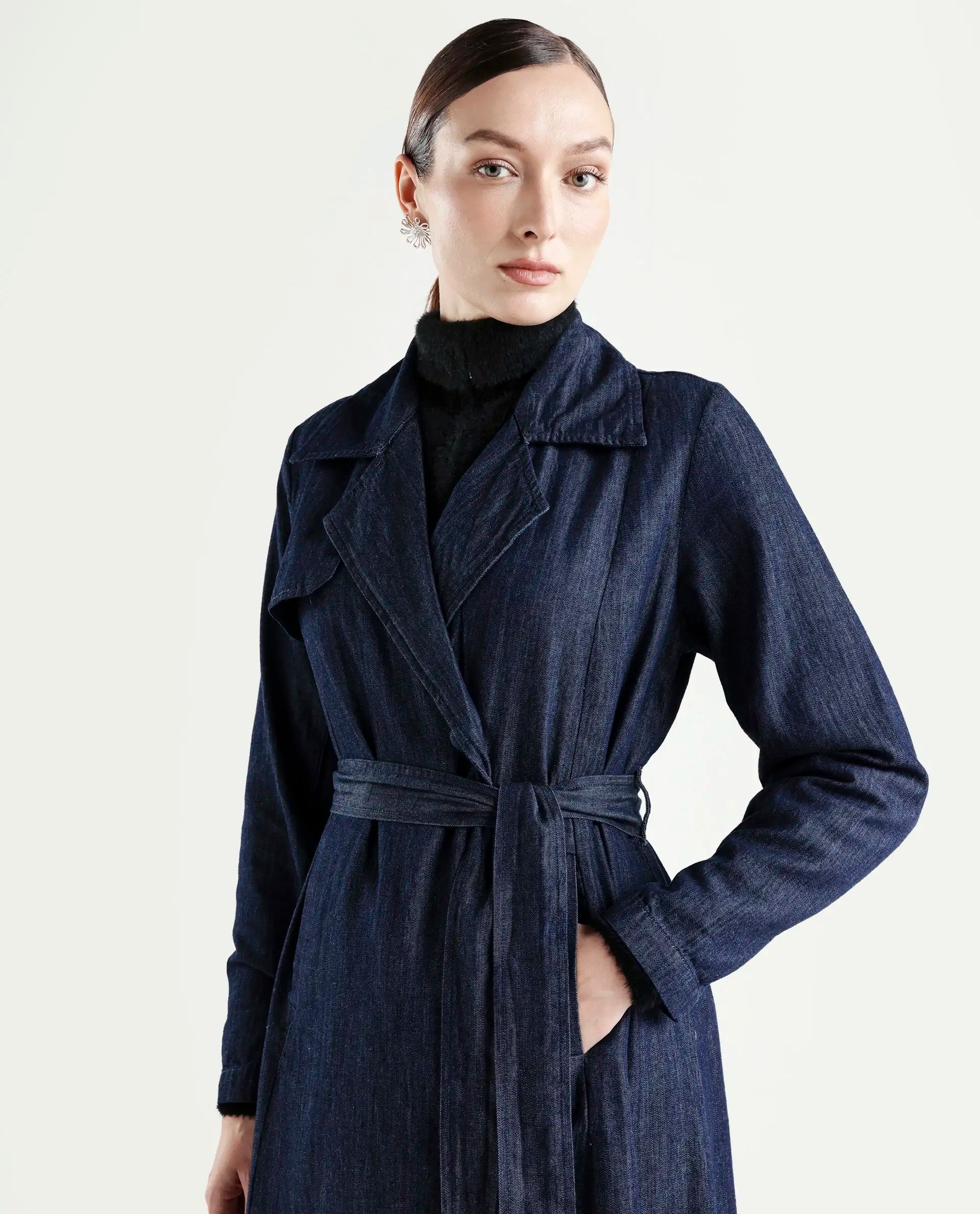Rareism Women's Dentren Dark Blue Polyester Full Sleeve Lapel Collar Relaxed Fit Plain Coat