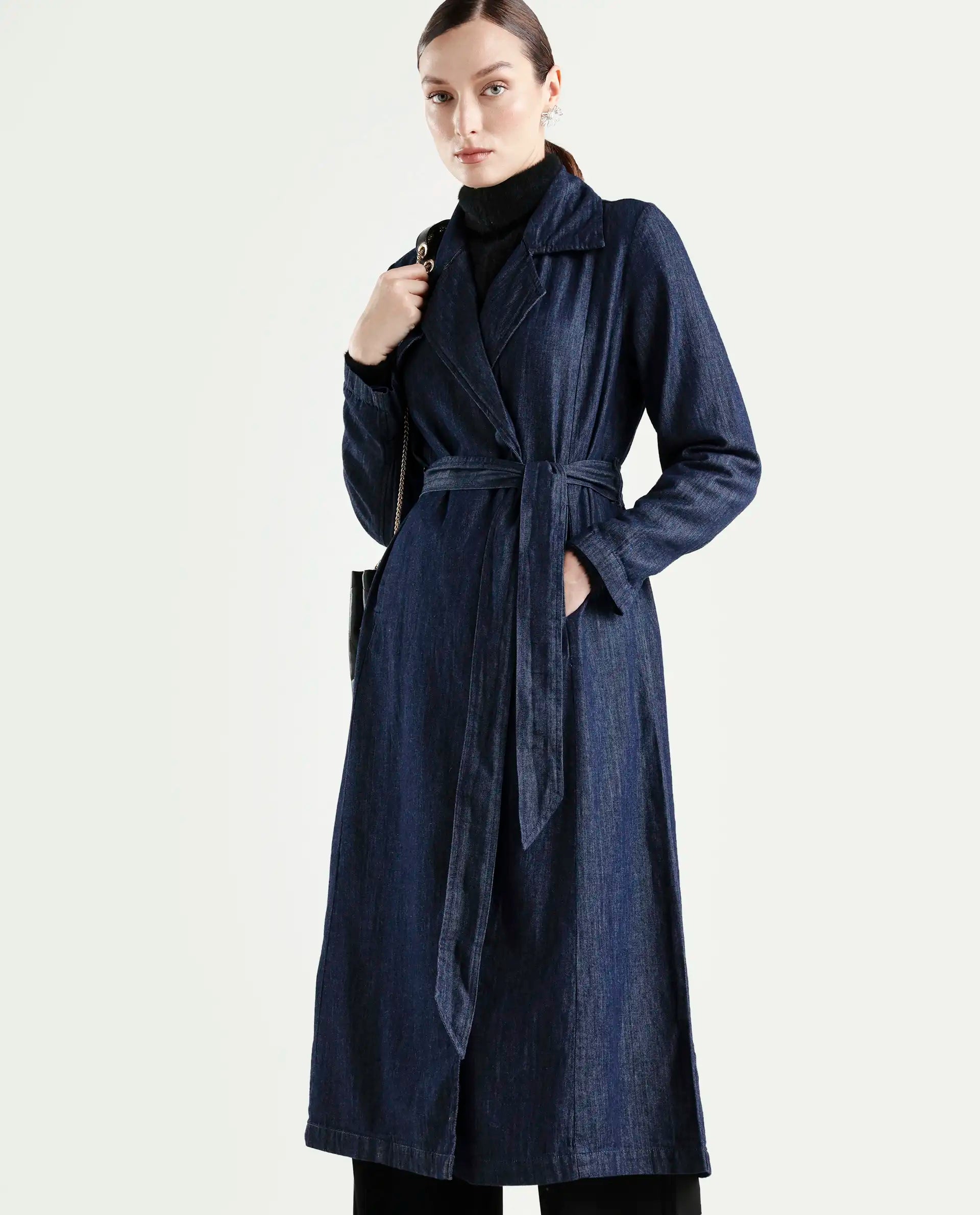Rareism Women's Dentren Dark Blue Polyester Full Sleeve Lapel Collar Relaxed Fit Plain Coat