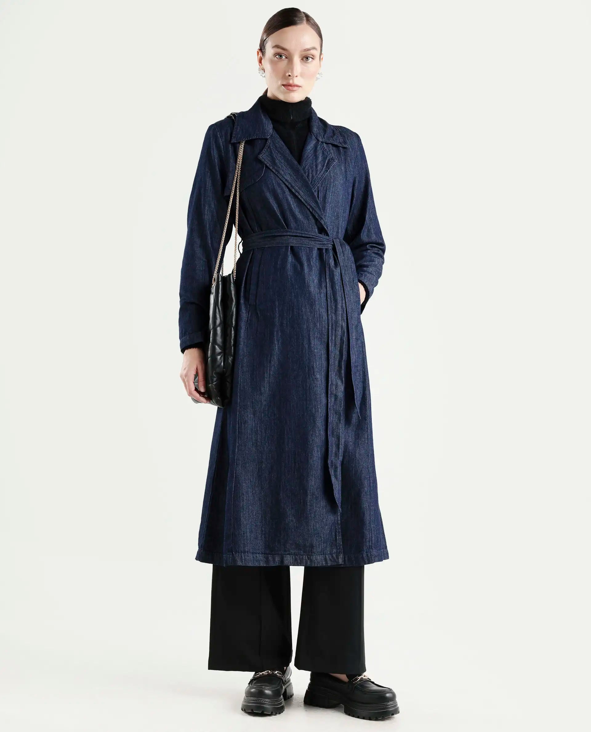 Rareism Women's Dentren Dark Blue Polyester Full Sleeve Lapel Collar Relaxed Fit Plain Coat
