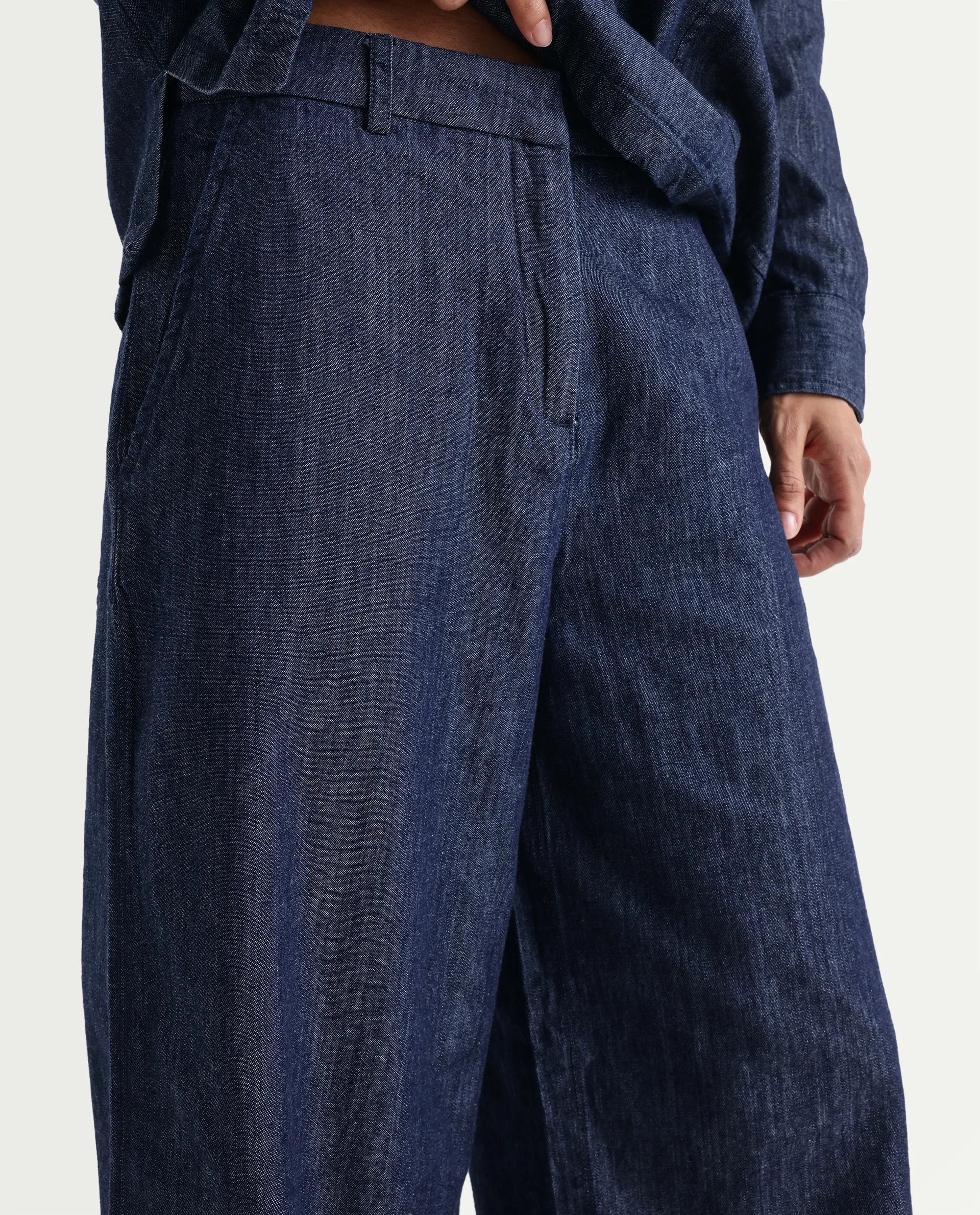 Rareism Women's Dento-B Dark Blue Cotton Wide Plain Jeans