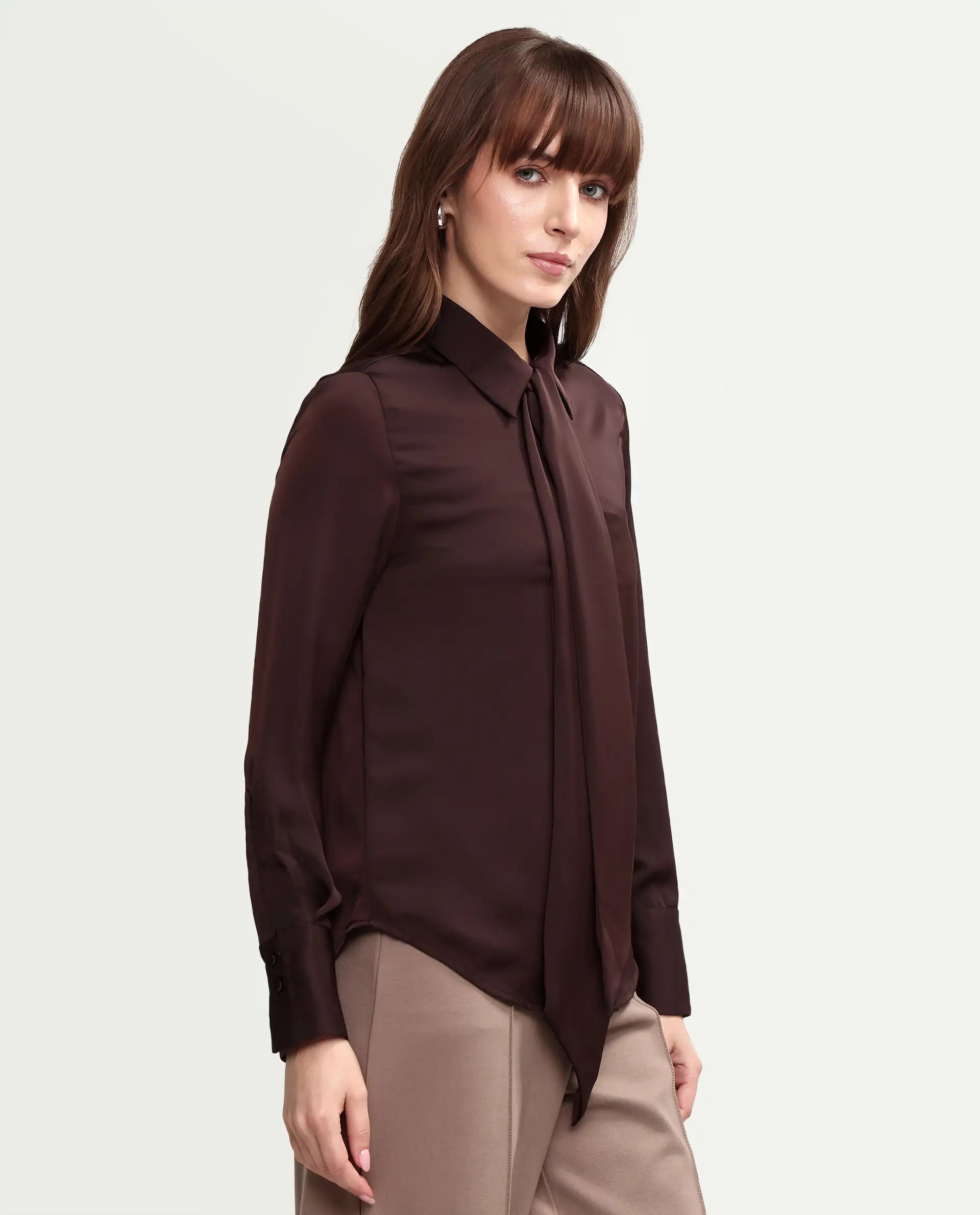 Rareism Women's Aviol S-26 Brown Full Sleeve Spread Collar Regular Top