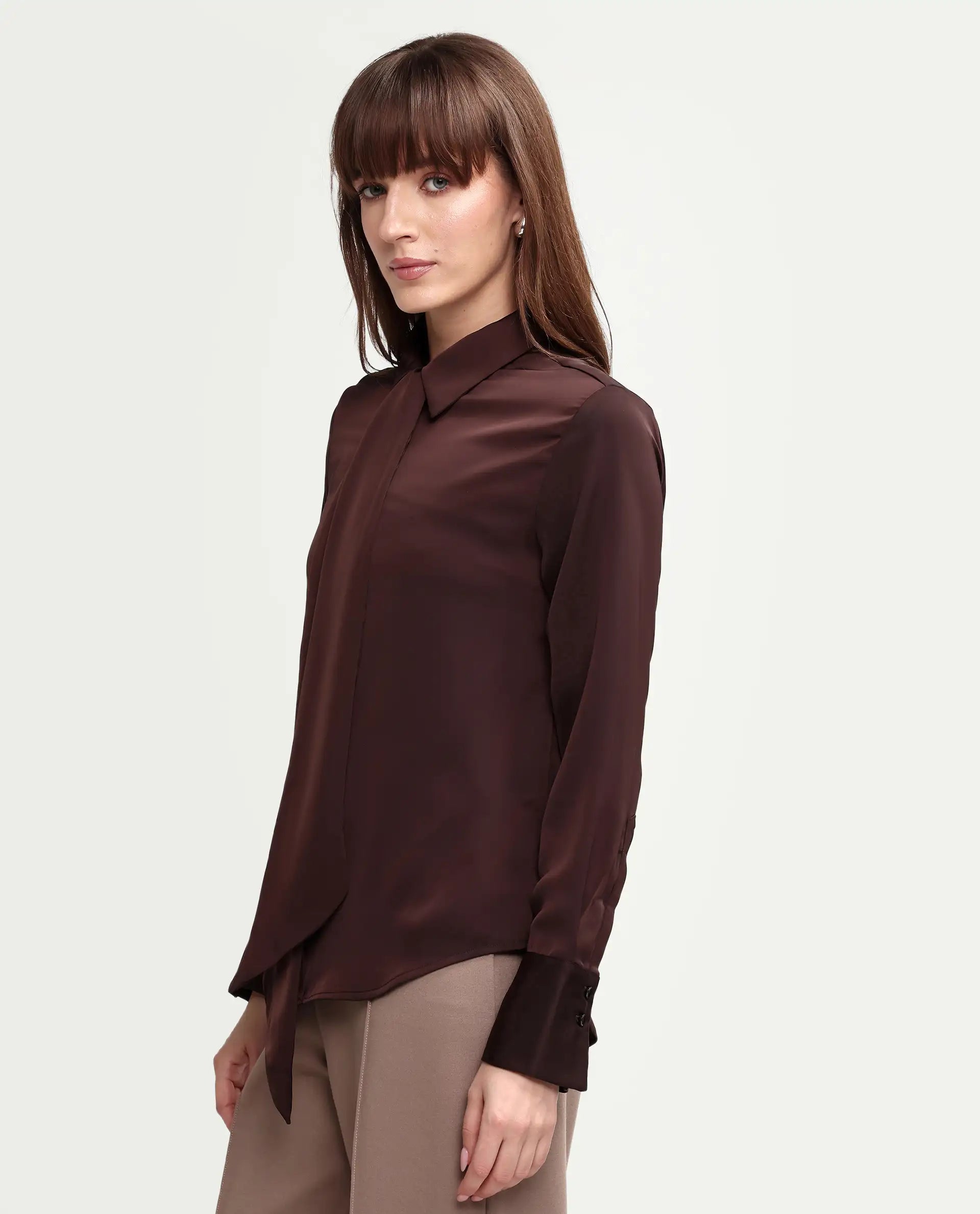 Rareism Women's Aviol S-26 Brown Full Sleeve Spread Collar Regular Top