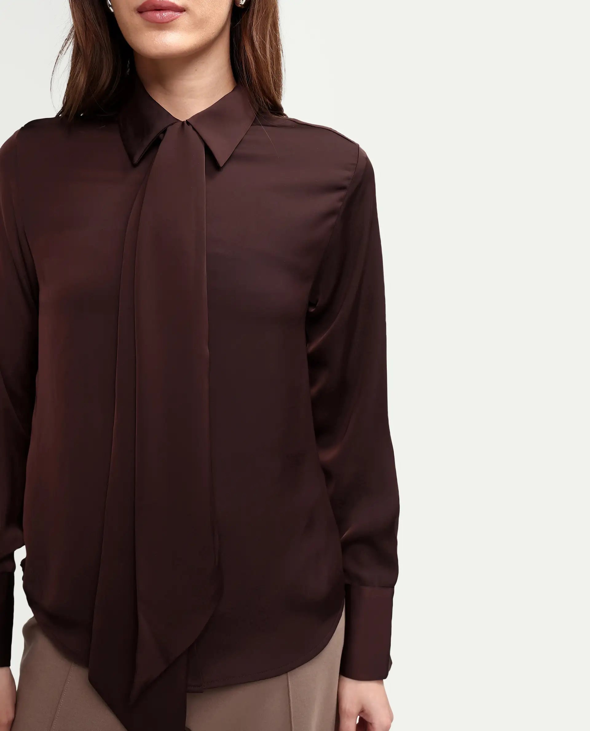 Rareism Women's Aviol S-26 Brown Full Sleeve Spread Collar Regular Top