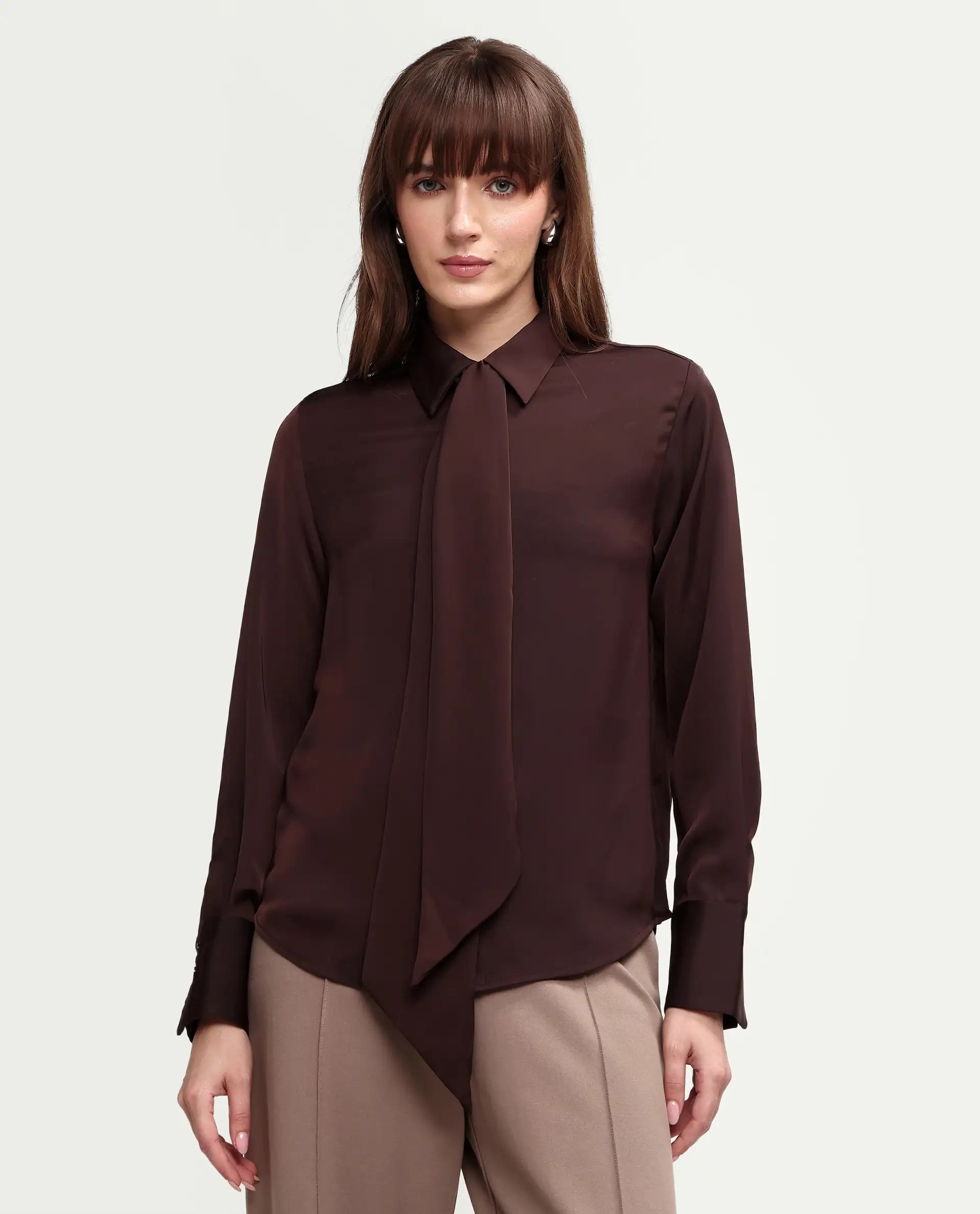 Rareism Women's Aviol S-26 Brown Full Sleeve Spread Collar Regular Top