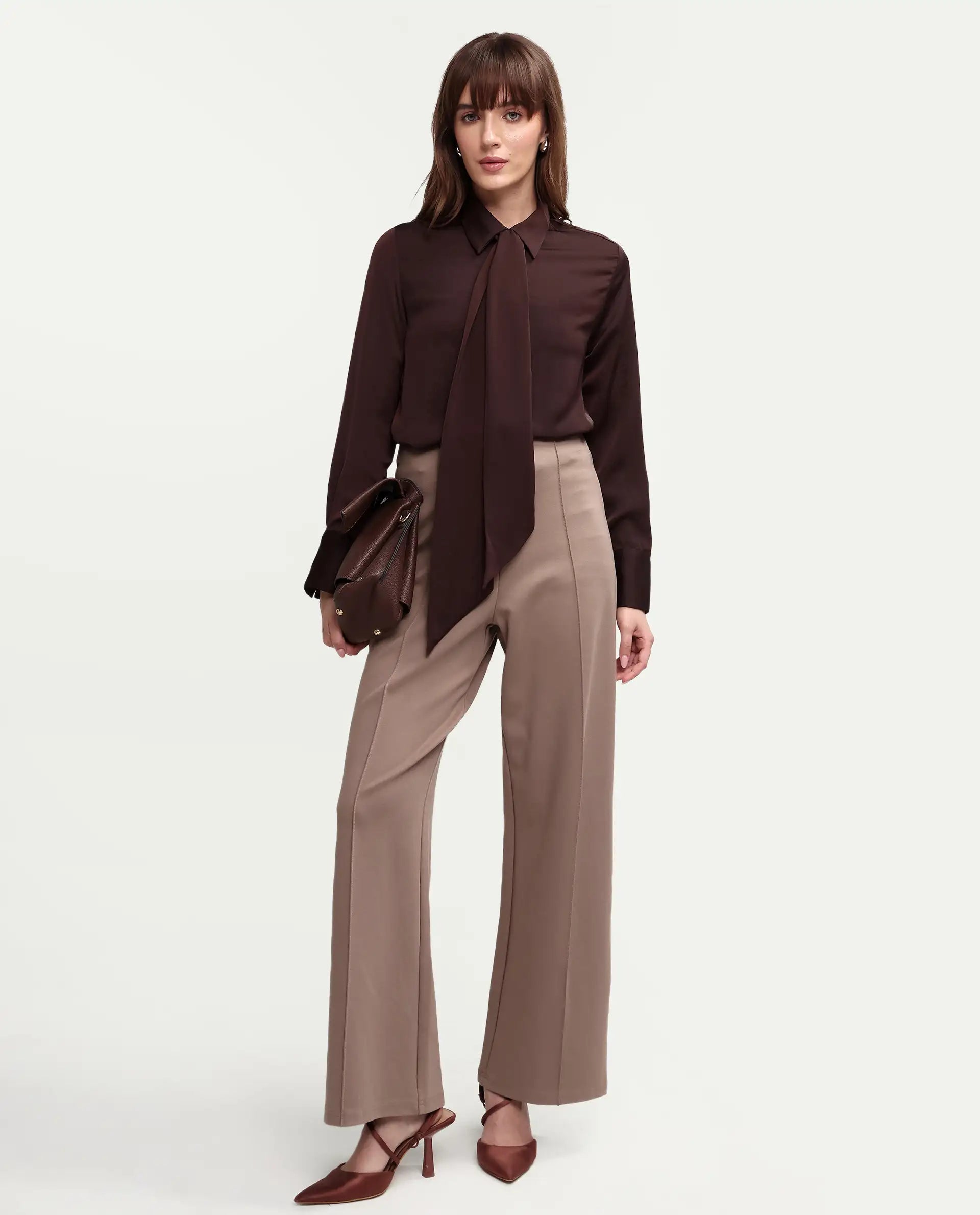 Rareism Women's Aviol S-26 Brown Full Sleeve Spread Collar Regular Top