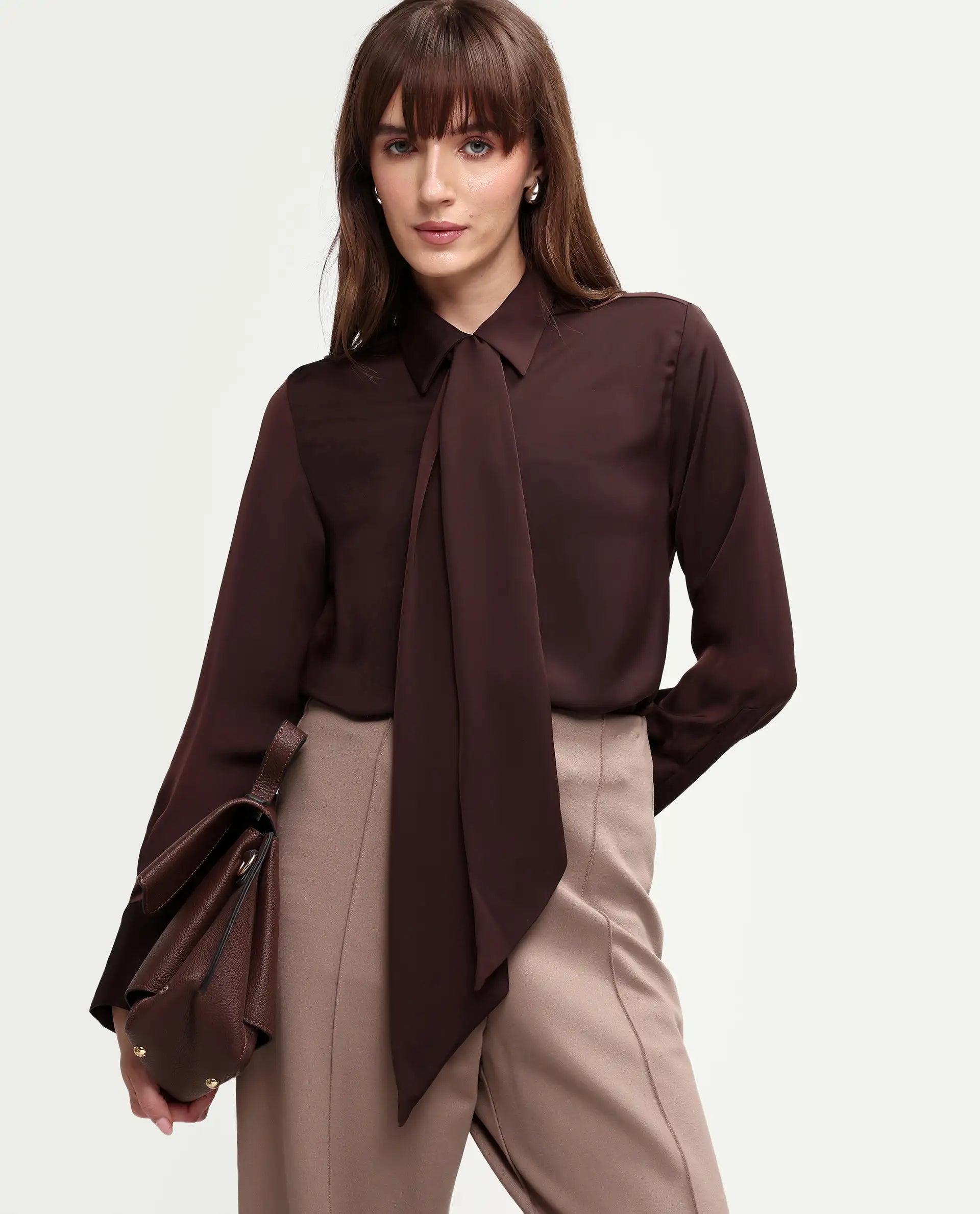 Rareism Women's Aviol S-26 Brown Full Sleeve Spread Collar Regular Top