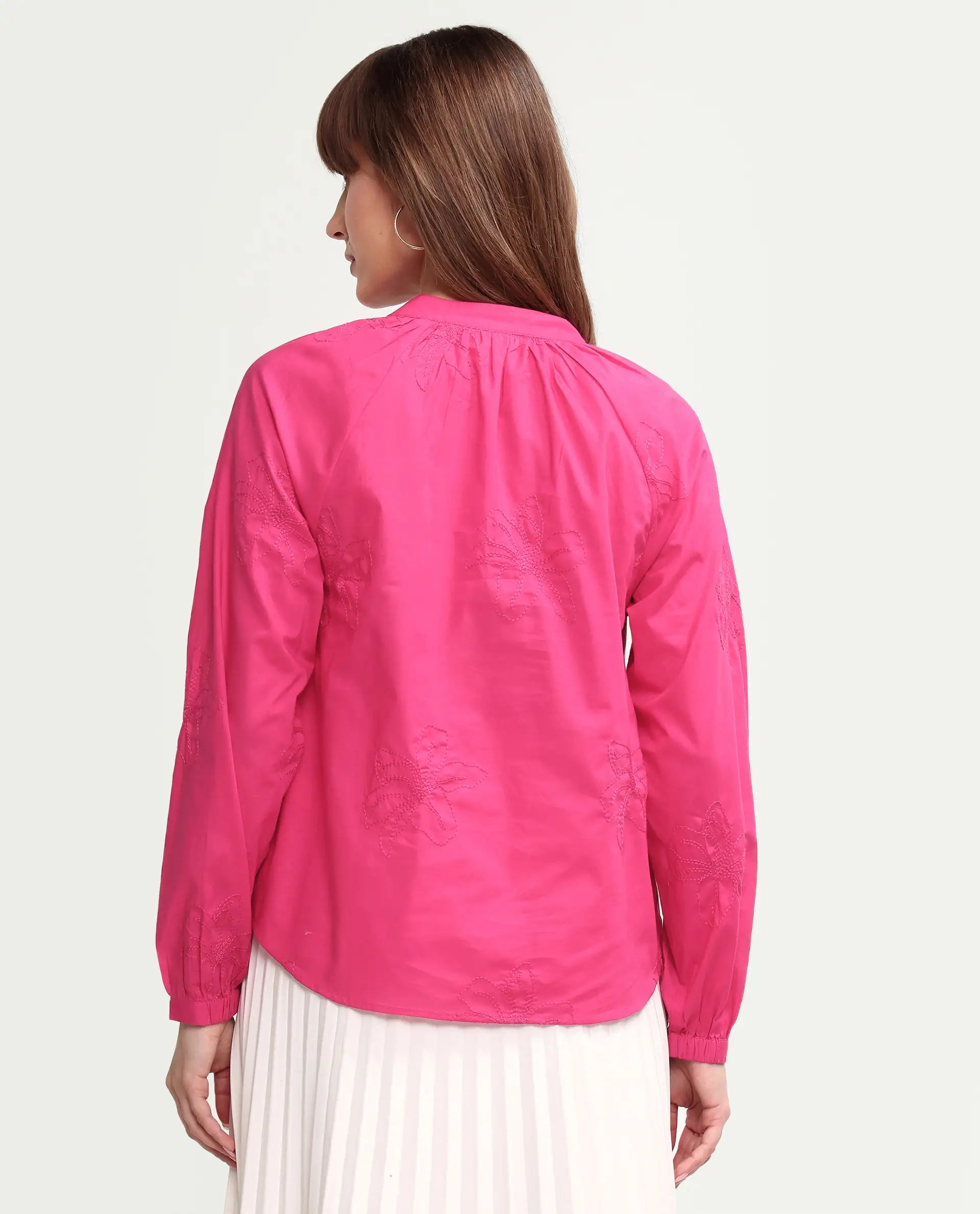 Rareism Women's Mabzi Pink Cotton Blend Full Sleeve Mandarin Collar Regular Embroidered Top