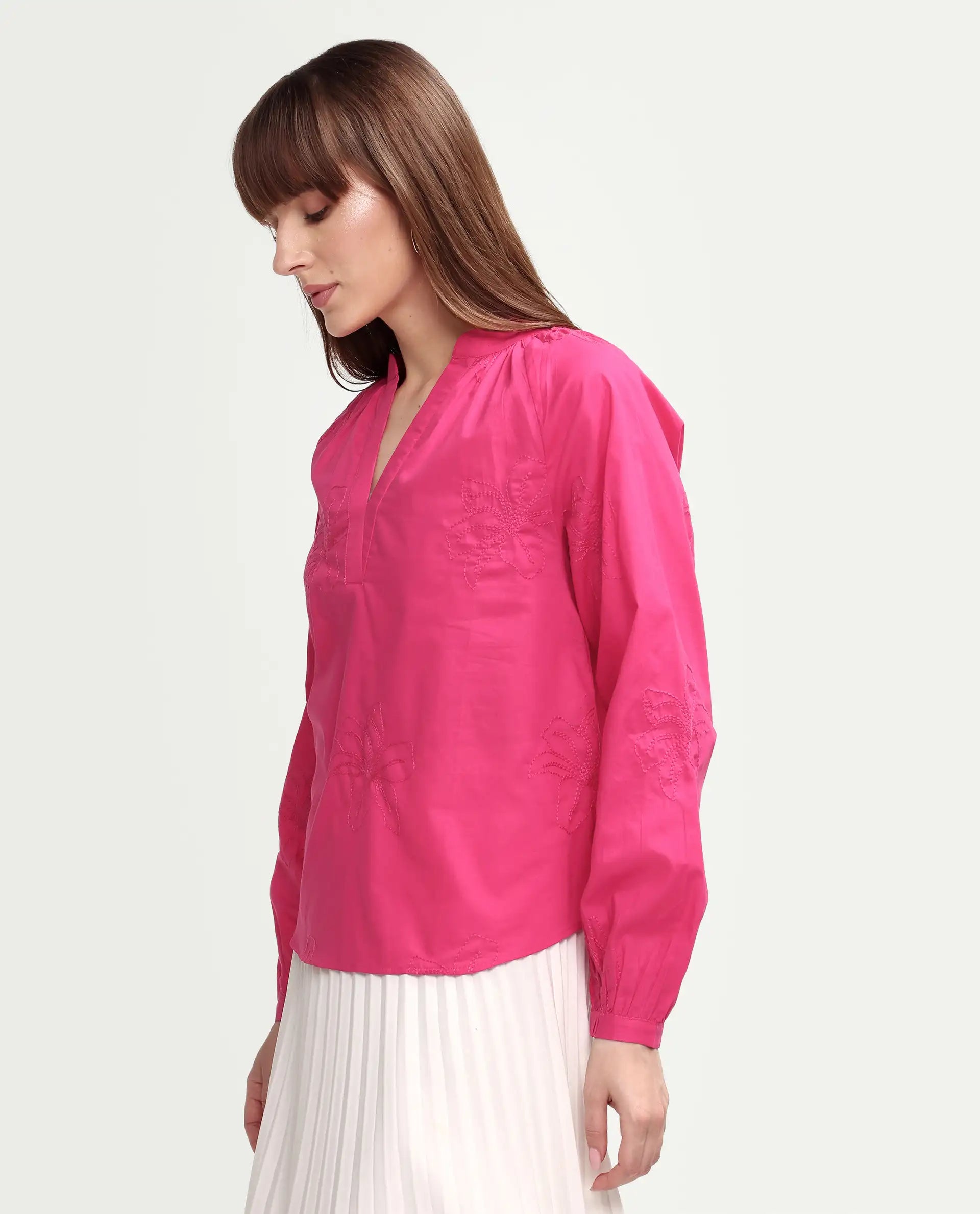 Rareism Women's Mabzi Pink Cotton Blend Full Sleeve Mandarin Collar Regular Embroidered Top