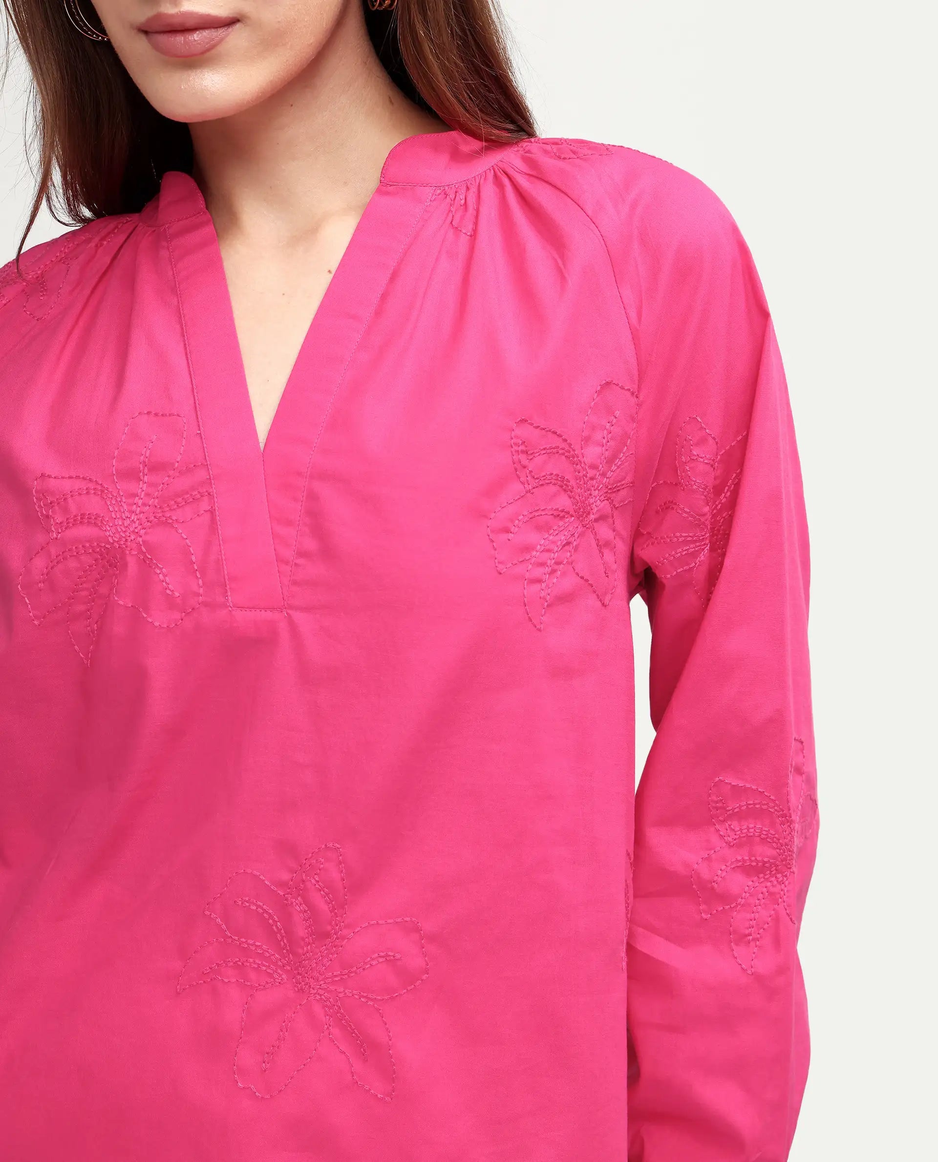 Rareism Women's Mabzi Pink Cotton Blend Full Sleeve Mandarin Collar Regular Embroidered Top