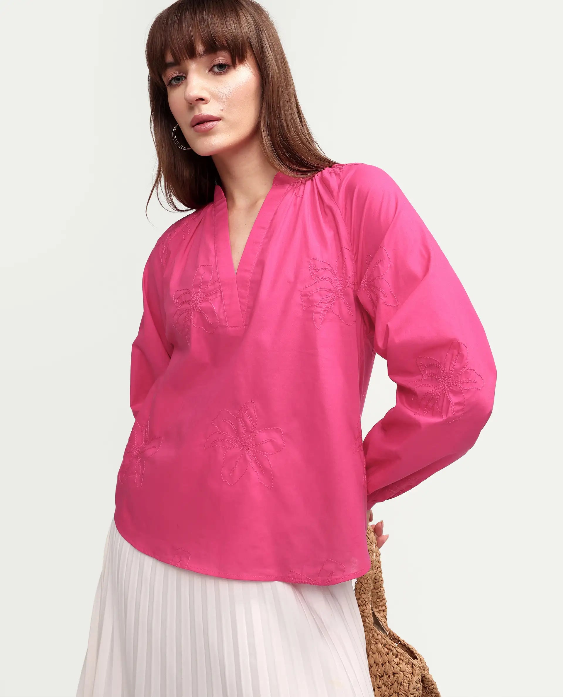 Rareism Women's Mabzi Pink Cotton Blend Full Sleeve Mandarin Collar Regular Embroidered Top