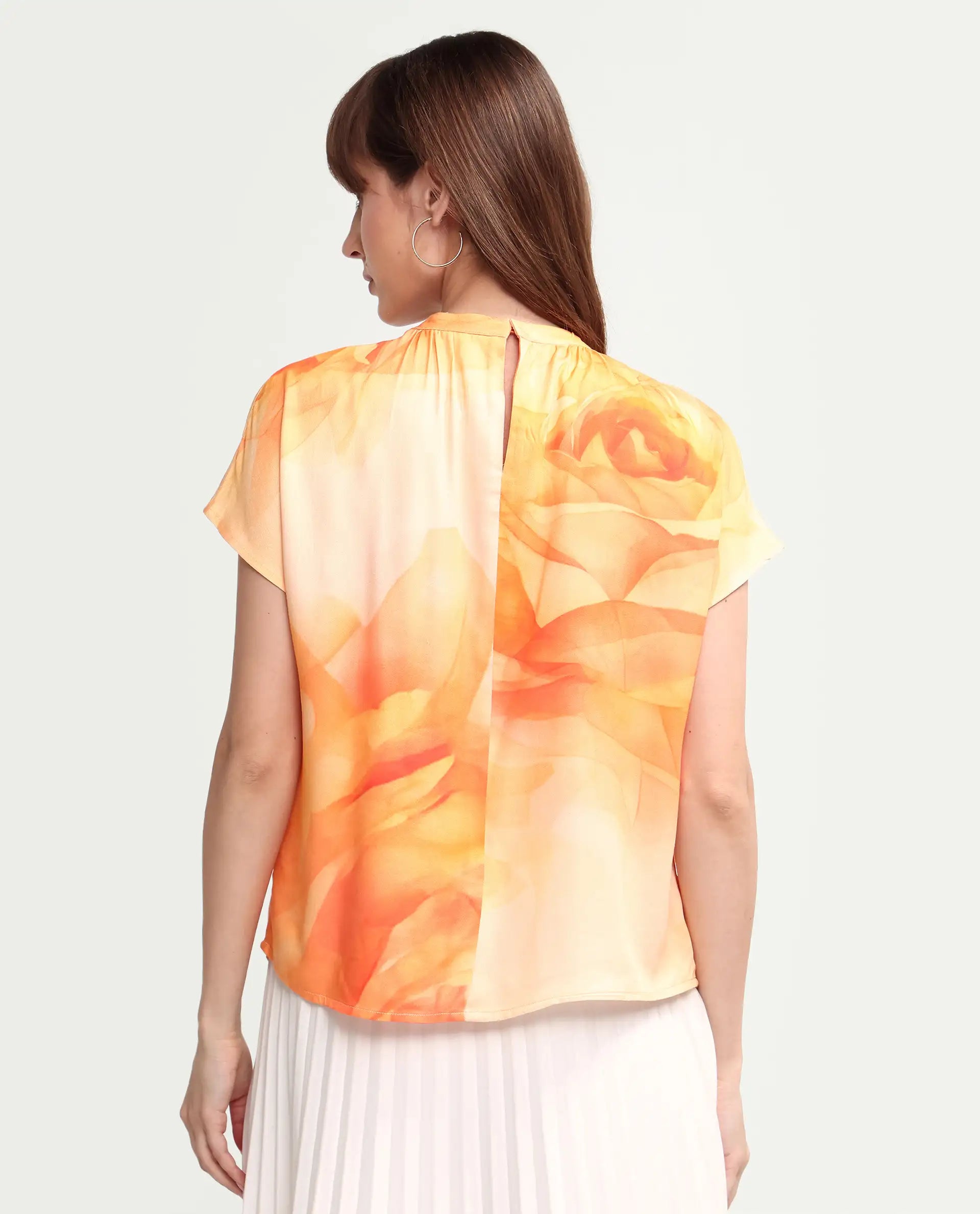 Rareism Women's Macxi Yellow Viscose Half Sleeve Band Collar Regular Floral Print Top